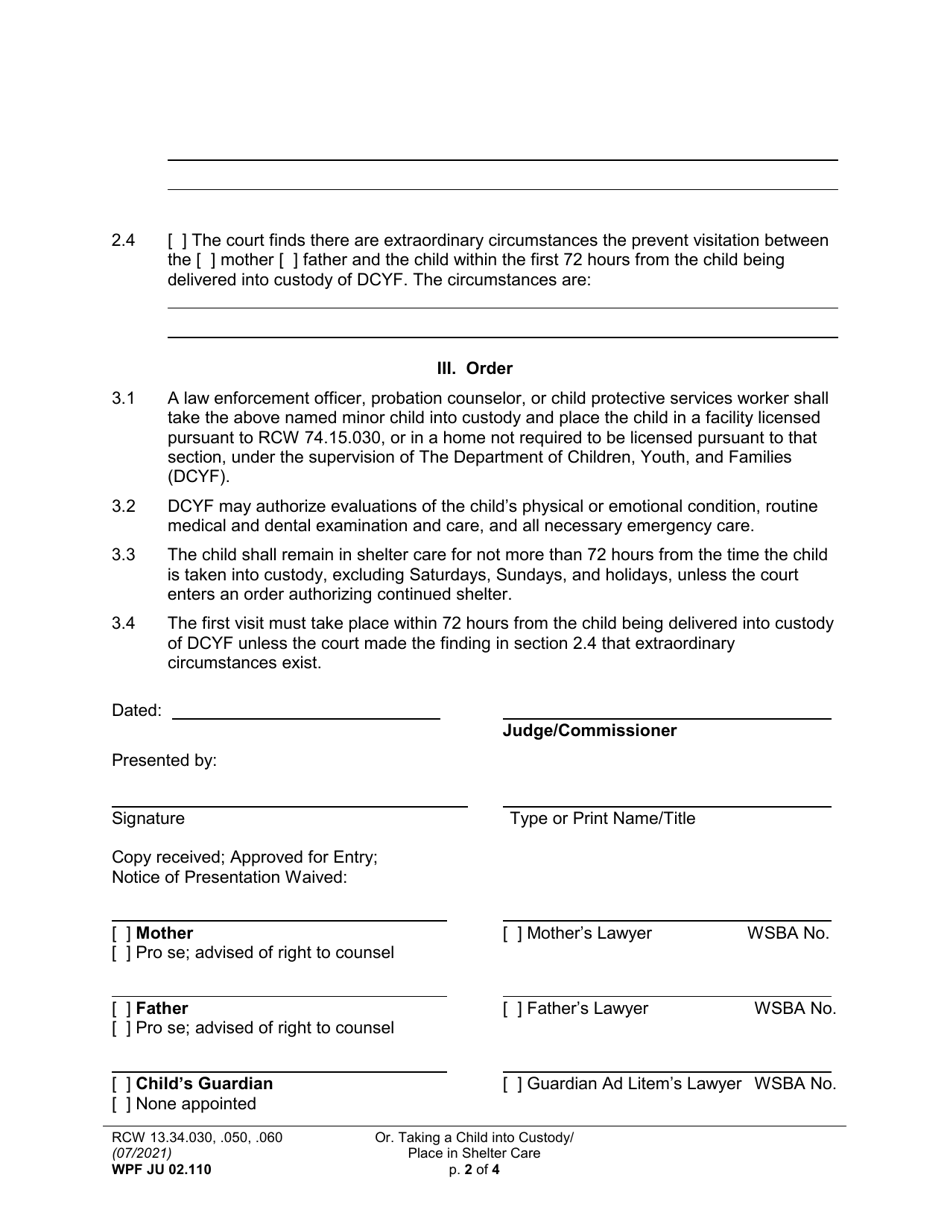 Form WPF JU02.110 Order to Take Child Into Custody and Place in Shelter Care (Ortcc) - Washington, Page 2