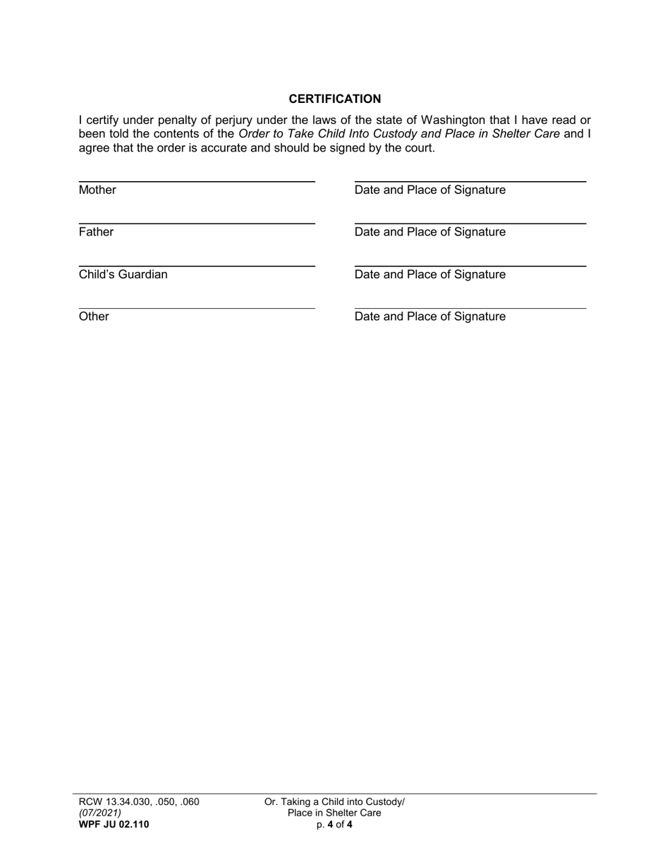 Form WPF JU02.110 Order to Take Child Into Custody and Place in Shelter Care (Ortcc) - Washington, Page 4