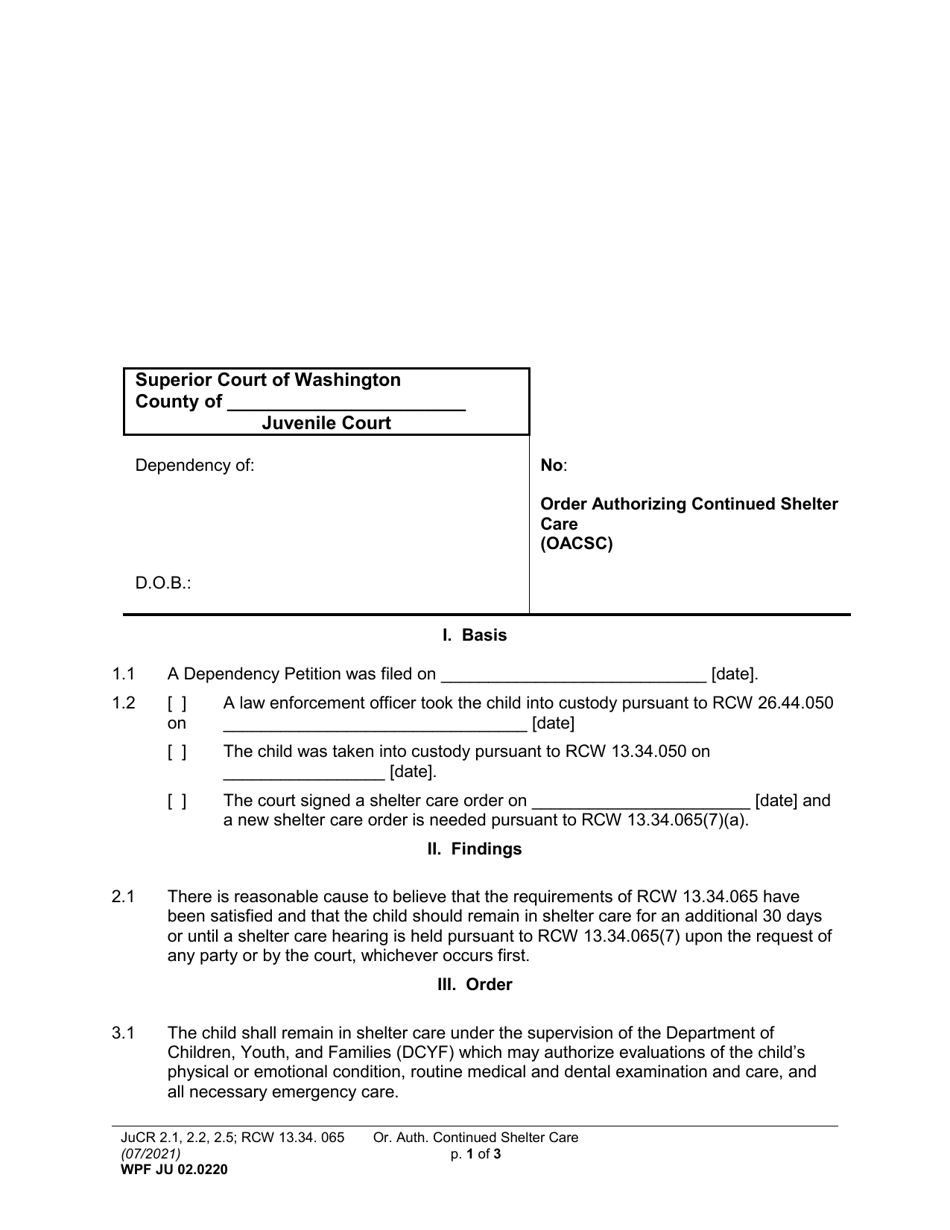 Form WPF JU02.0220 Order Authorizing Continued Shelter Care (Oacsc) - Washington, Page 1