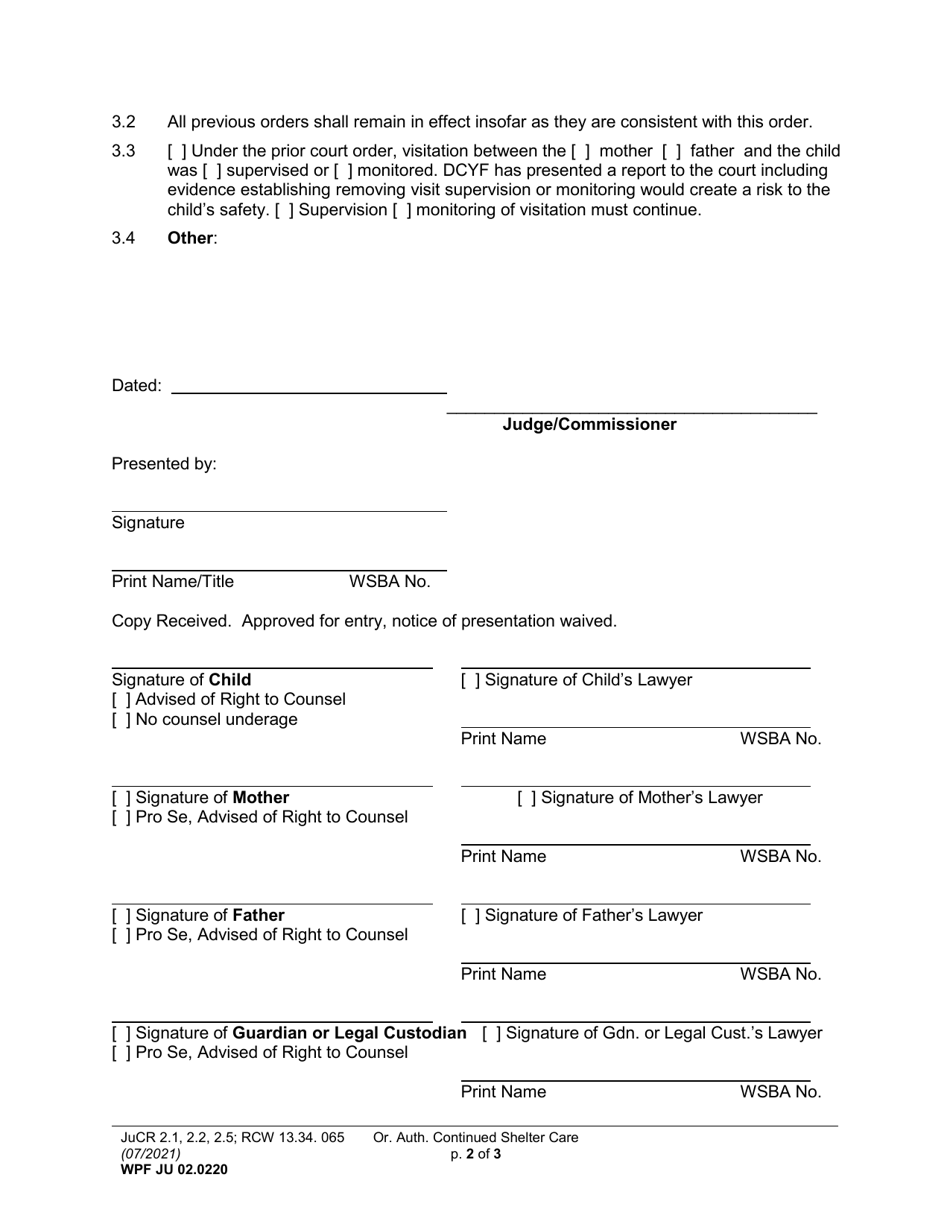 Form WPF JU02.0220 Order Authorizing Continued Shelter Care (Oacsc) - Washington, Page 2