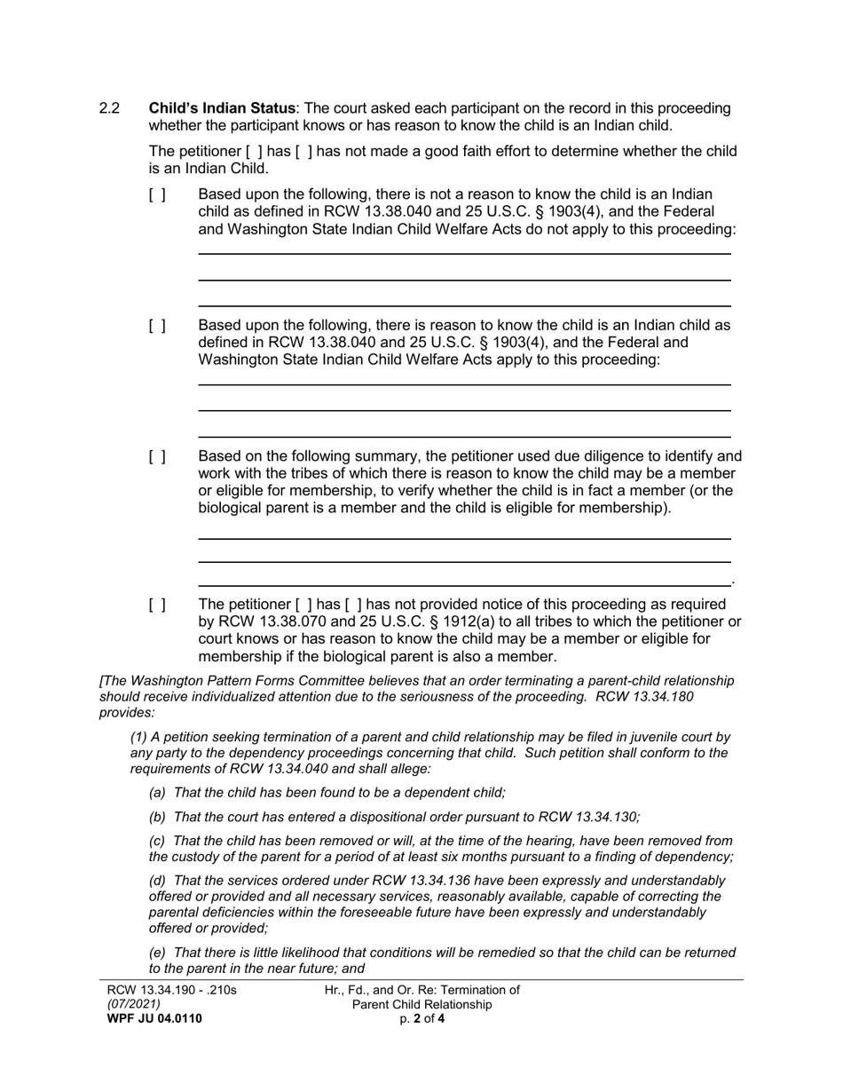 Form WPF JU04.0110 Hearing, Findings, and Order Regarding Termination of Parent-Child Relationship (Ortpcr, Ordsm) - Washington, Page 2