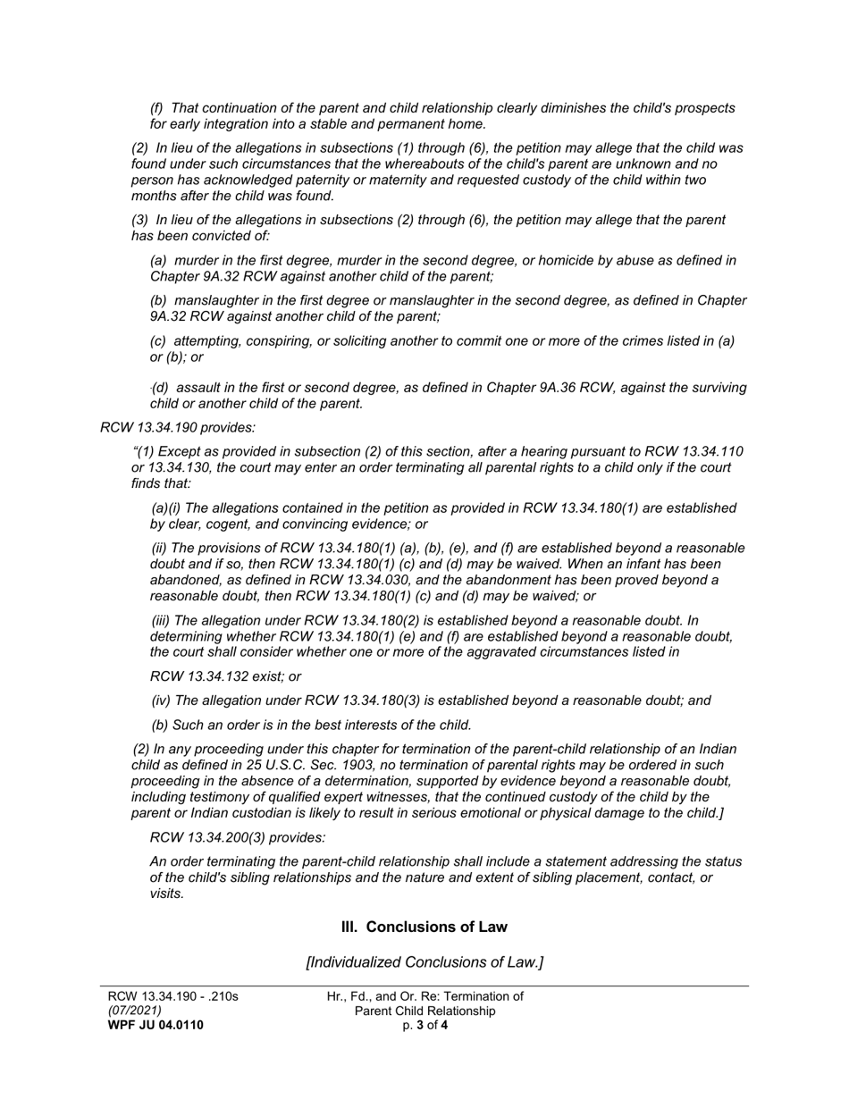Form WPF JU04.0110 Hearing, Findings, and Order Regarding Termination of Parent-Child Relationship (Ortpcr, Ordsm) - Washington, Page 3