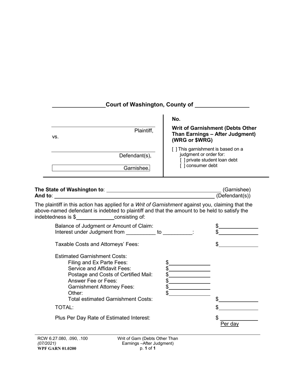 Form WPF GARN01.0200 Writ of Garnishment (Debts Other Than Earnings - After Judgment) (Wrg or $wrg) - Washington, Page 1