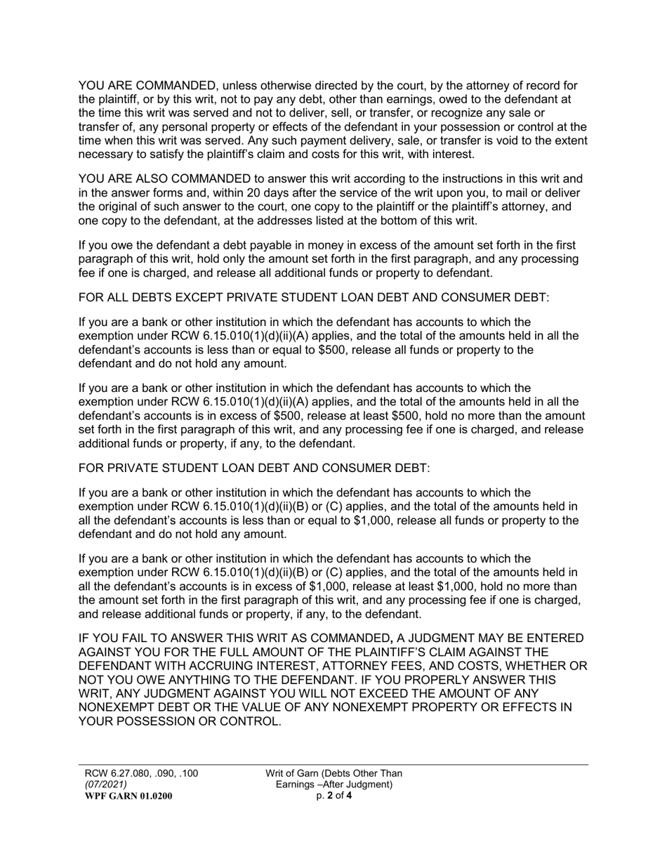 Form WPF GARN01.0200 Writ of Garnishment (Debts Other Than Earnings - After Judgment) (Wrg or $wrg) - Washington, Page 2