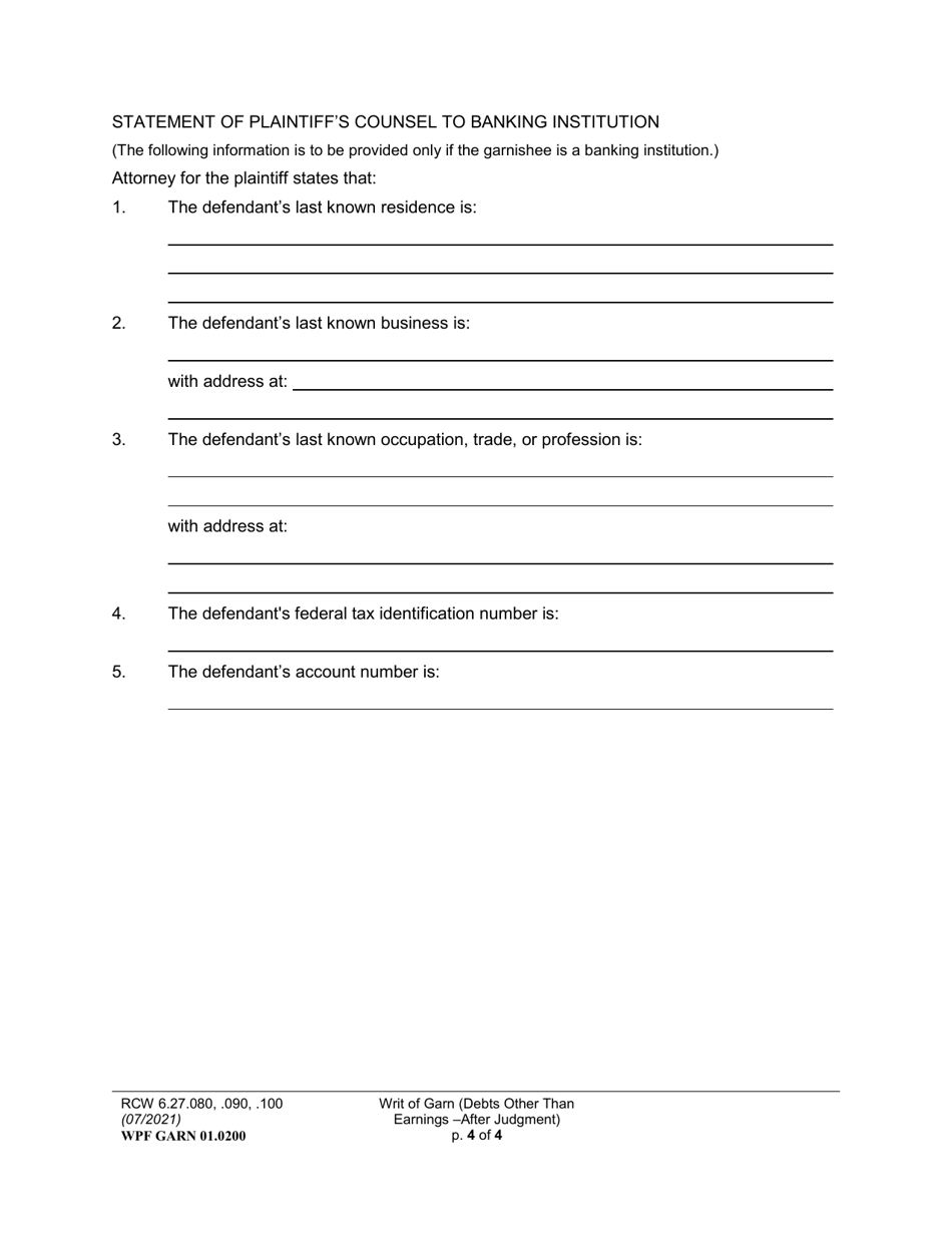 Form WPF GARN01.0200 Writ of Garnishment (Debts Other Than Earnings - After Judgment) (Wrg or $wrg) - Washington, Page 4