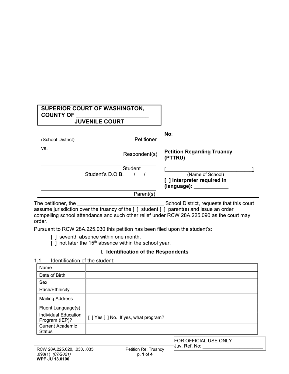 Form WPF JU13.0100 Petition Regarding Truancy (Pttru) - Washington, Page 1