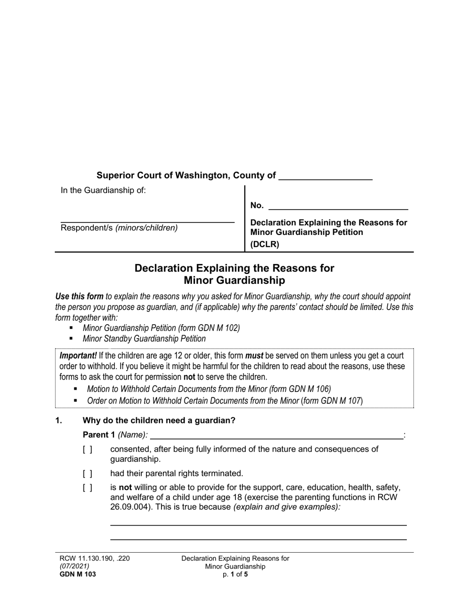 Form GDN M103 Declaration Explaining the Reasons for Minor Guardianship - Washington, Page 1