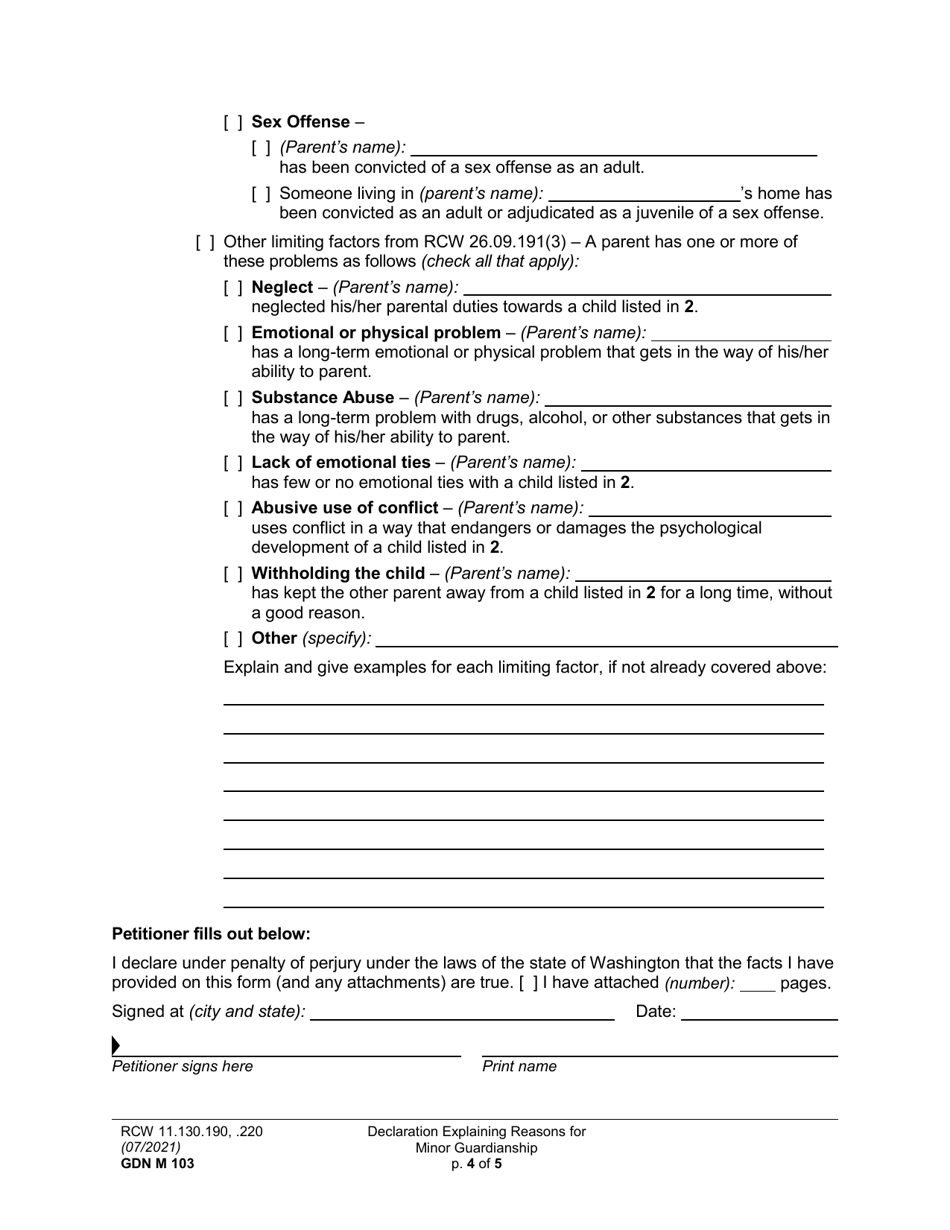Form GDN M103 Declaration Explaining the Reasons for Minor Guardianship - Washington, Page 4