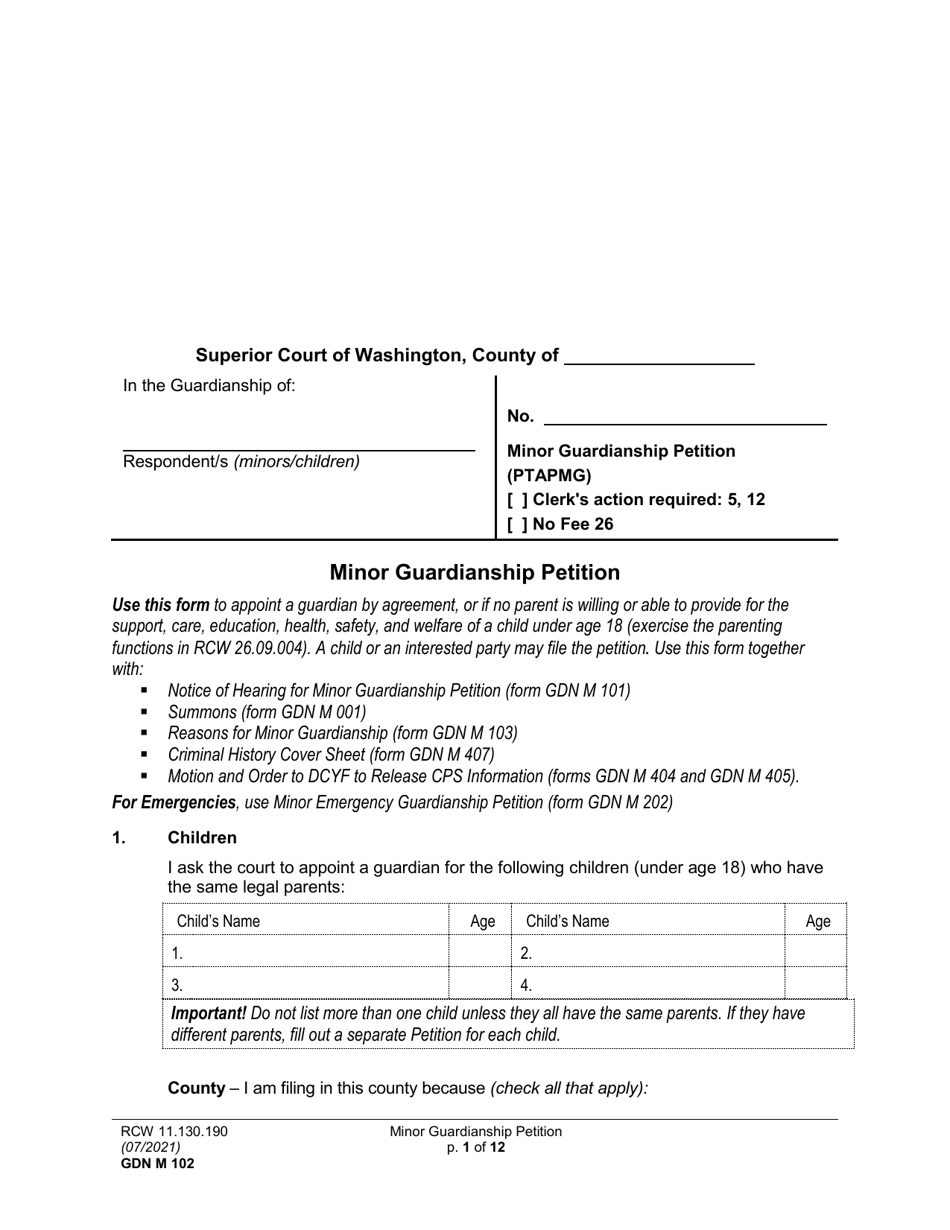 Form GDN M102 Minor Guardianship Petition - Washington, Page 1