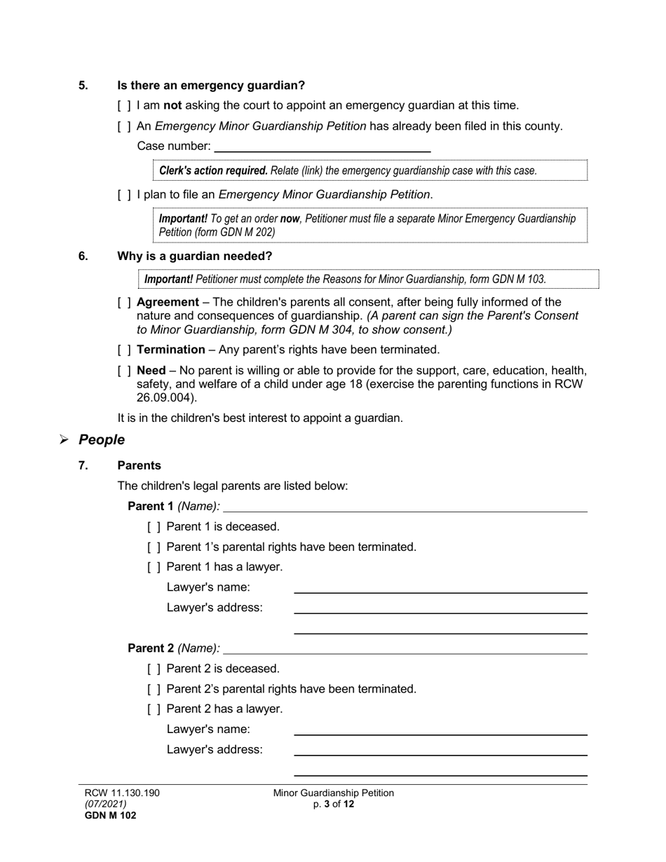 Form GDN M102 Minor Guardianship Petition - Washington, Page 3