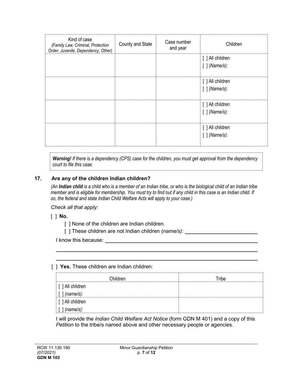 Form GDN M102 Minor Guardianship Petition - Washington, Page 7