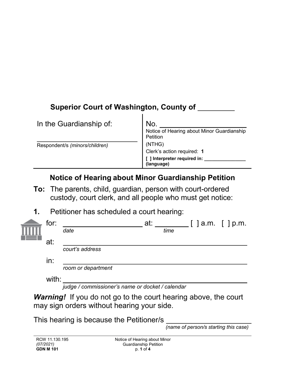 Form GDN M101 Notice of Hearing About Minor Guardianship Petition (Nthg) - Washington, Page 1