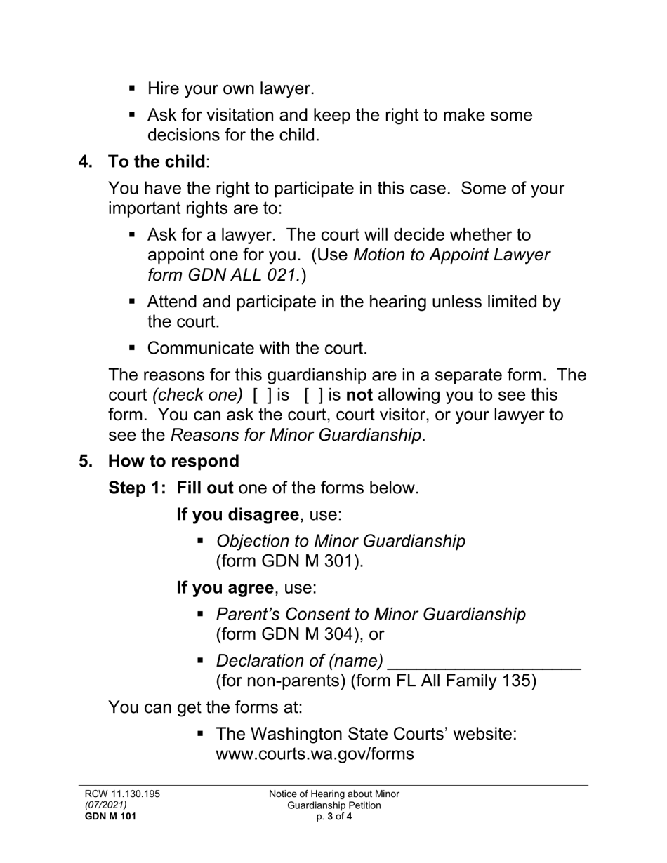 Form GDN M101 Notice of Hearing About Minor Guardianship Petition (Nthg) - Washington, Page 3