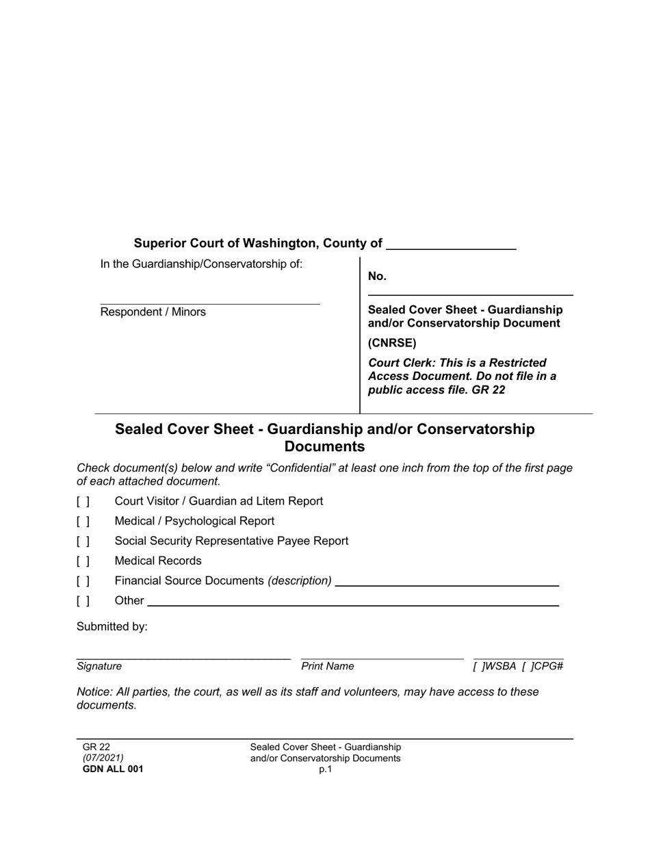 Form GDN ALL001 Sealed Cover Sheet - Guardianship and / or Conservatorship Document - Washington, Page 1