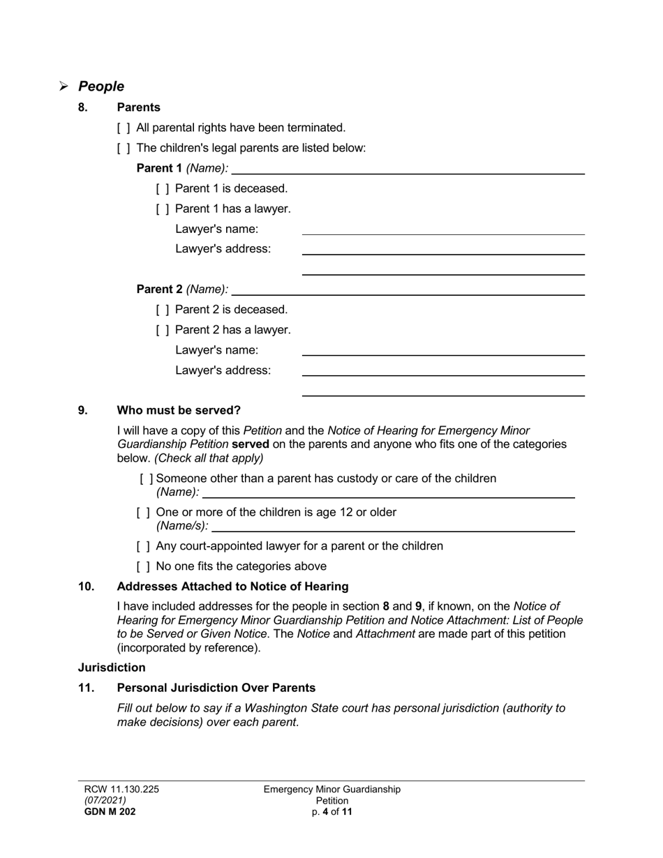 Form GDN M202 Emergency Minor Guardianship Petition - Washington, Page 4