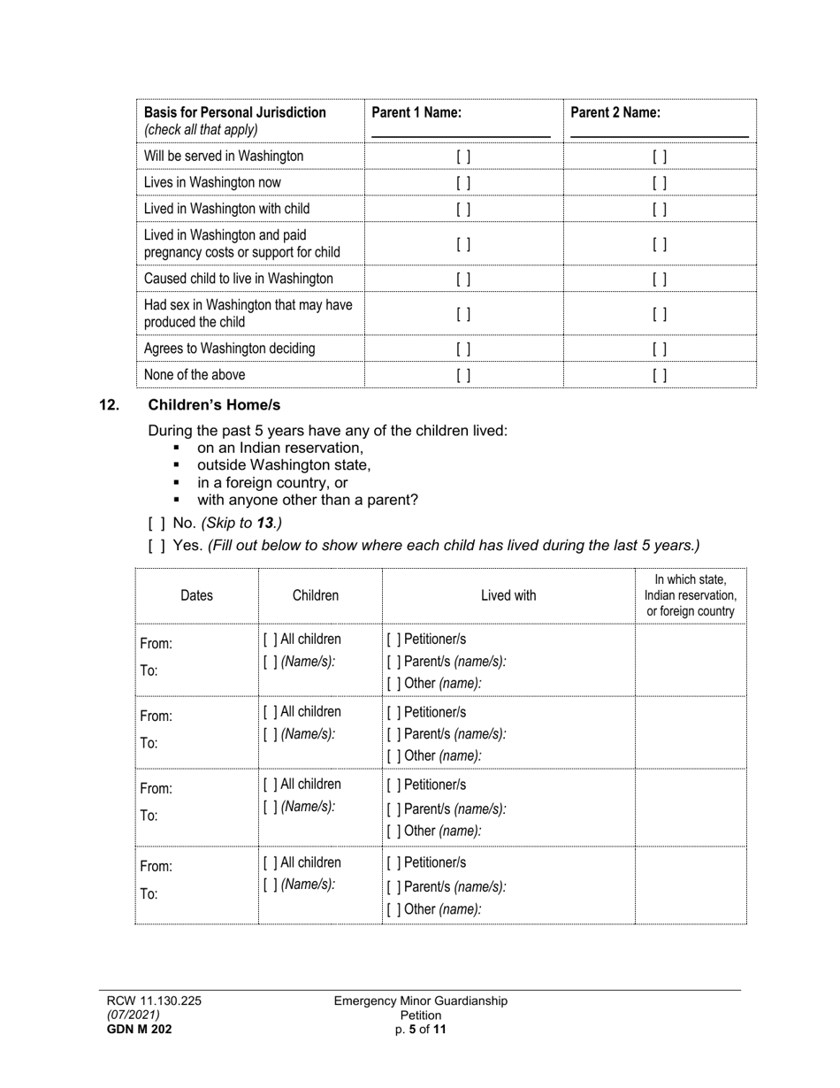 Form GDN M202 Emergency Minor Guardianship Petition - Washington, Page 5