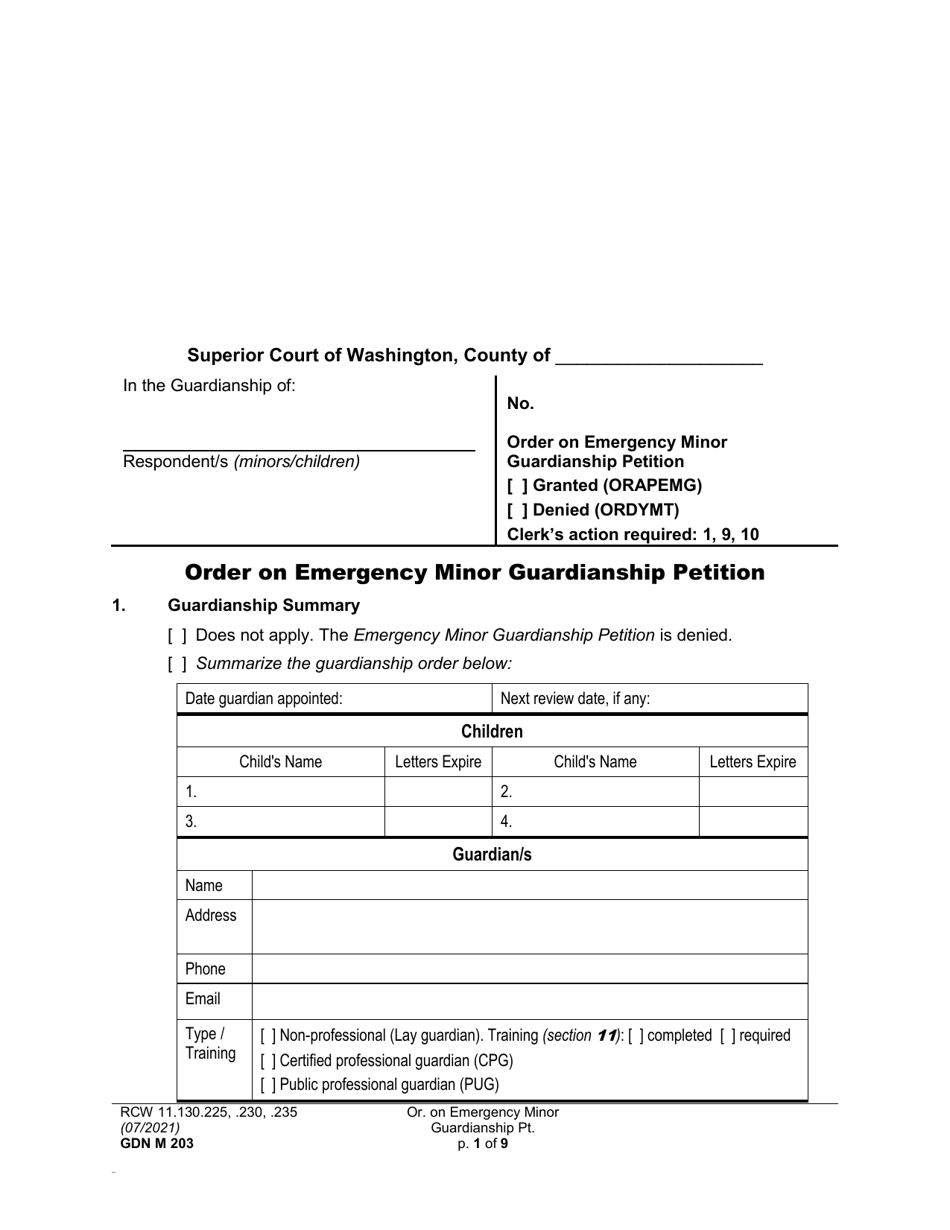 Form GDN M203 Order on Emergency Minor Guardianship Petition - Washington, Page 1