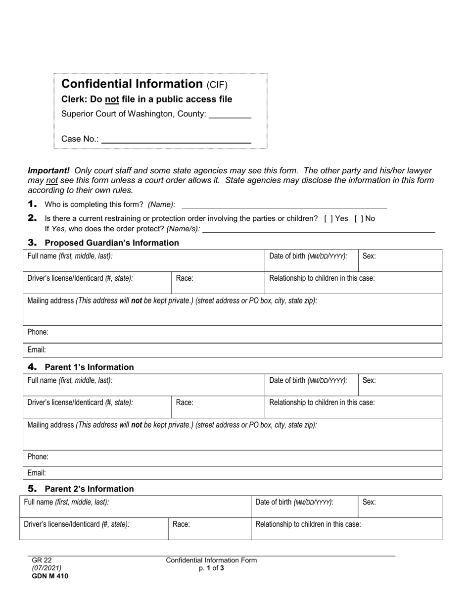 Form GDN M410 Confidential Information Sheet - Washington, Page 1