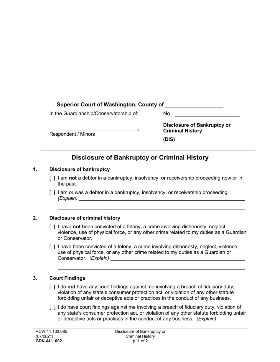 Form GDN ALL002 Disclosure of Bankruptcy or Criminal History - Washington, Page 1
