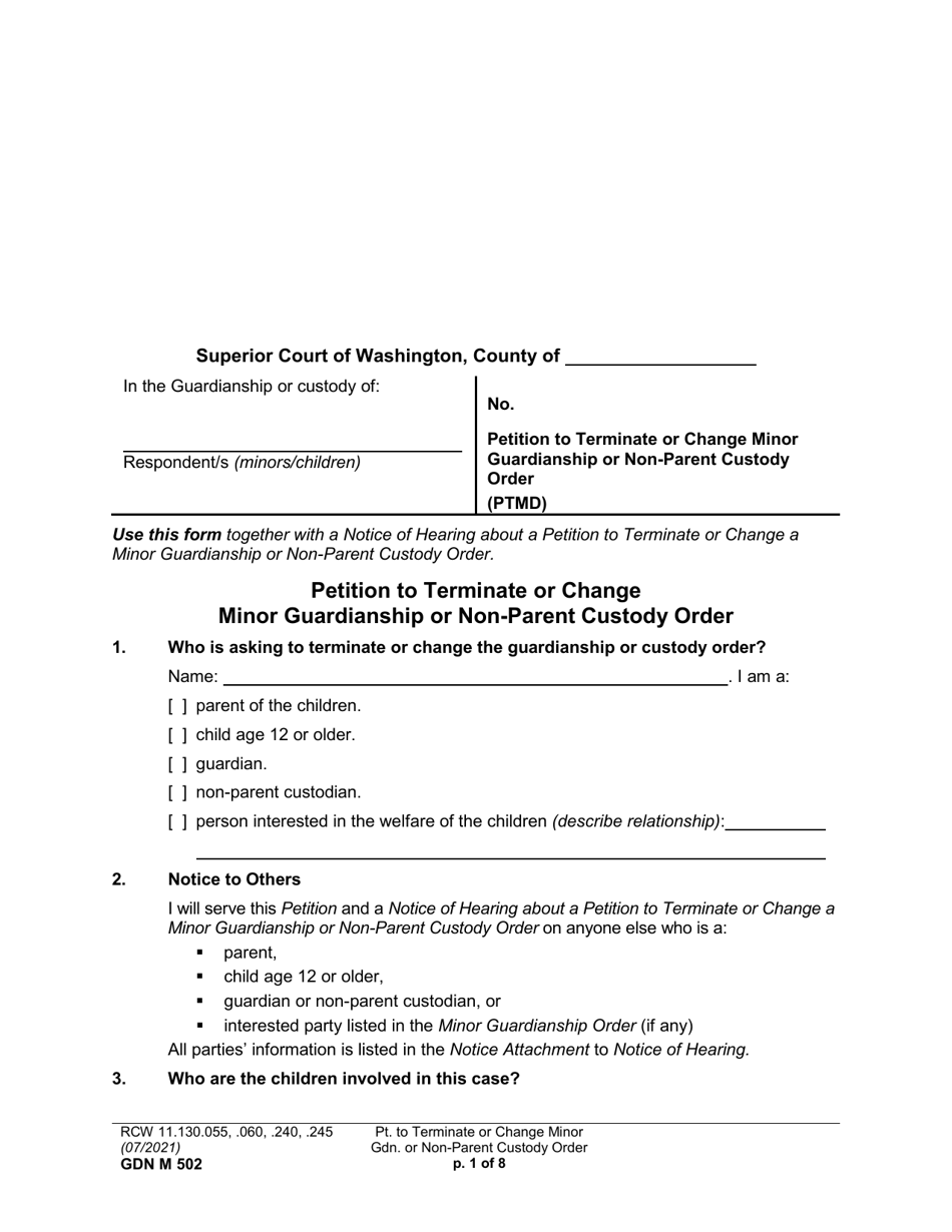Form GDN M502 Petition to Terminate or Change Minor Guardianship or Non-parent Custody Order - Washington, Page 1