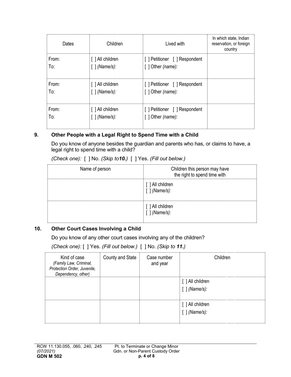 Form GDN M502 Petition to Terminate or Change Minor Guardianship or Non-parent Custody Order - Washington, Page 4