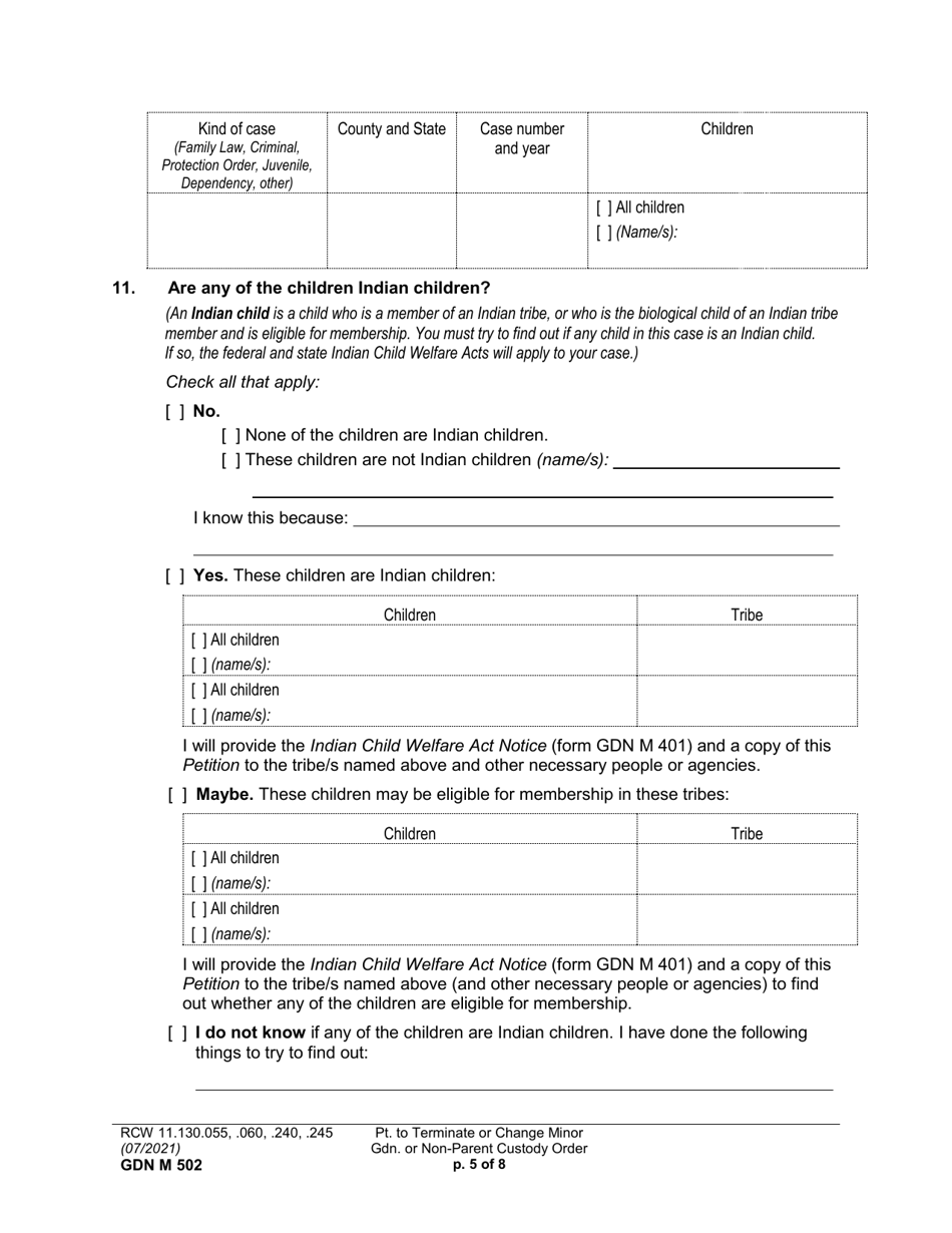 Form GDN M502 Petition to Terminate or Change Minor Guardianship or Non-parent Custody Order - Washington, Page 5