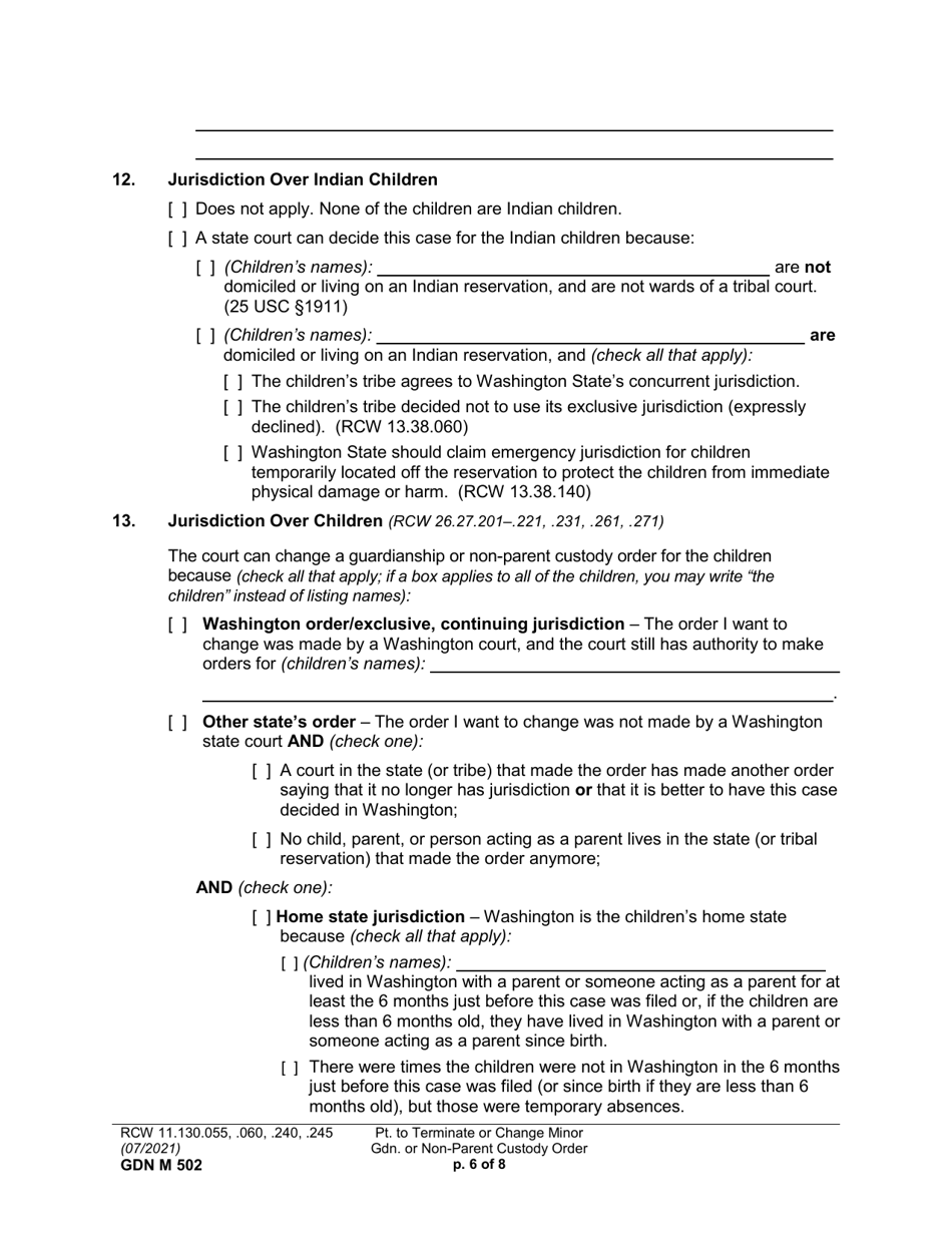Form GDN M502 Petition to Terminate or Change Minor Guardianship or Non-parent Custody Order - Washington, Page 6