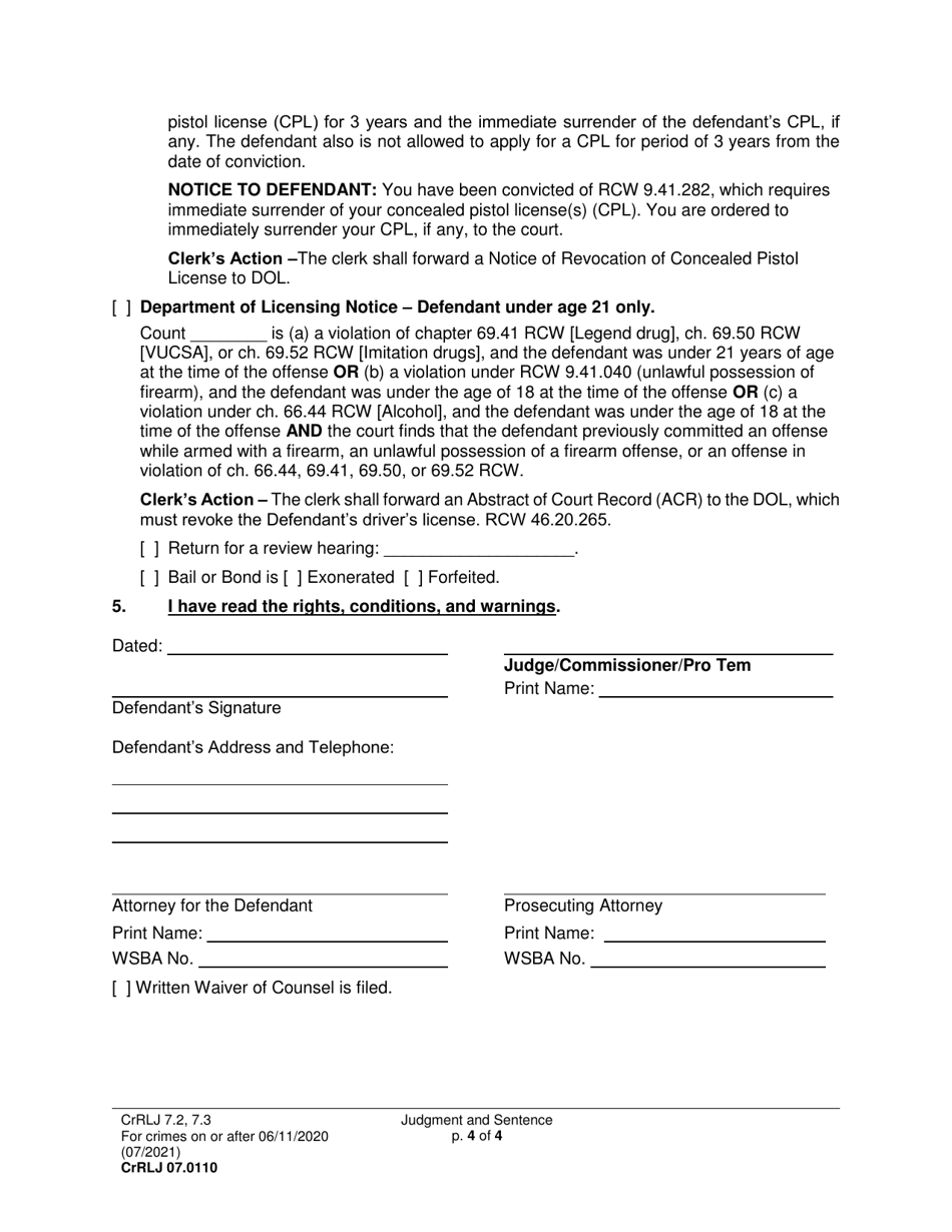 Form CrRLJ07.0110 Judgment and Sentence (Js) - Washington, Page 4