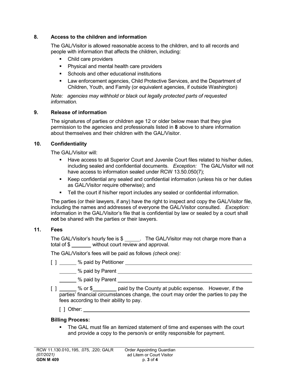 Form GDN M409 Order Appointing Guardian Ad Litem or Court Visitor - Washington, Page 3