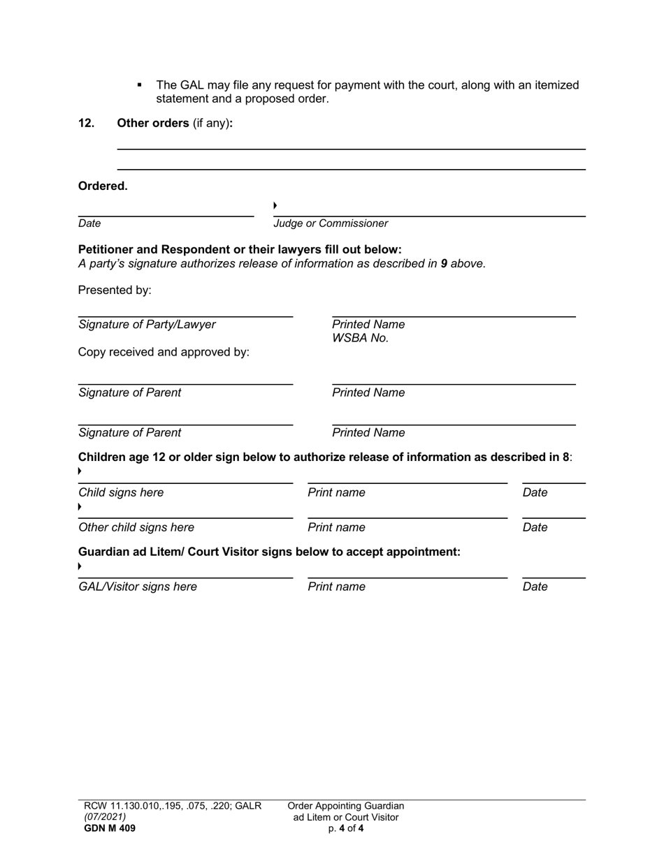 Form GDN M409 Order Appointing Guardian Ad Litem or Court Visitor - Washington, Page 4