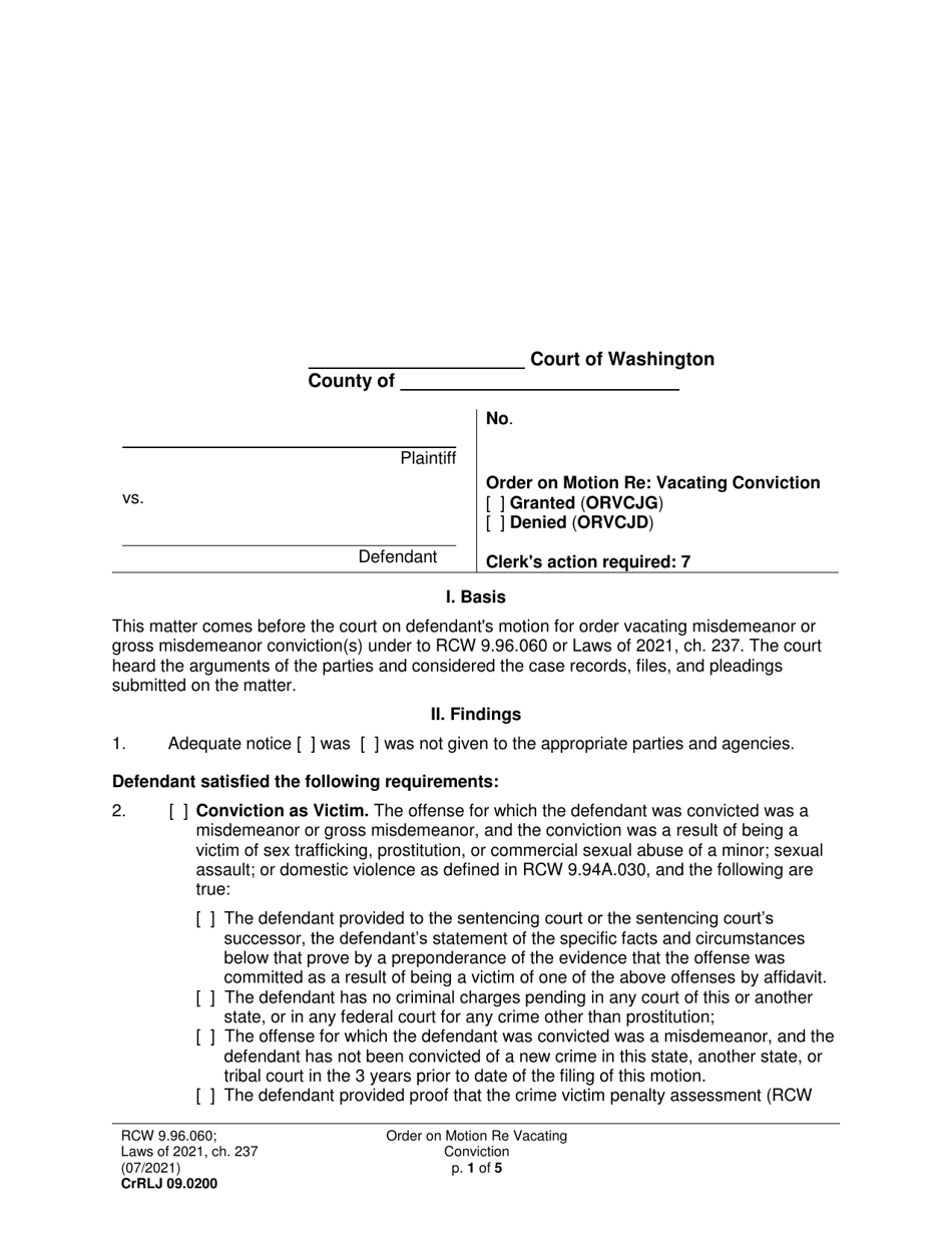 Form CrRLJ09.0200 Order on Motion Re: Vacating Conviction - Washington, Page 1