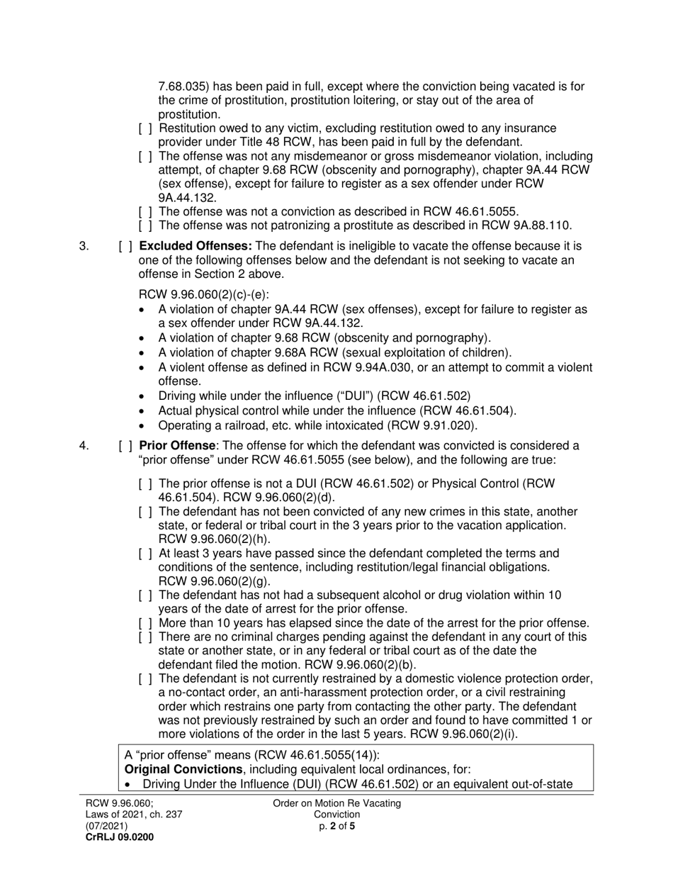 Form CrRLJ09.0200 Order on Motion Re: Vacating Conviction - Washington, Page 2
