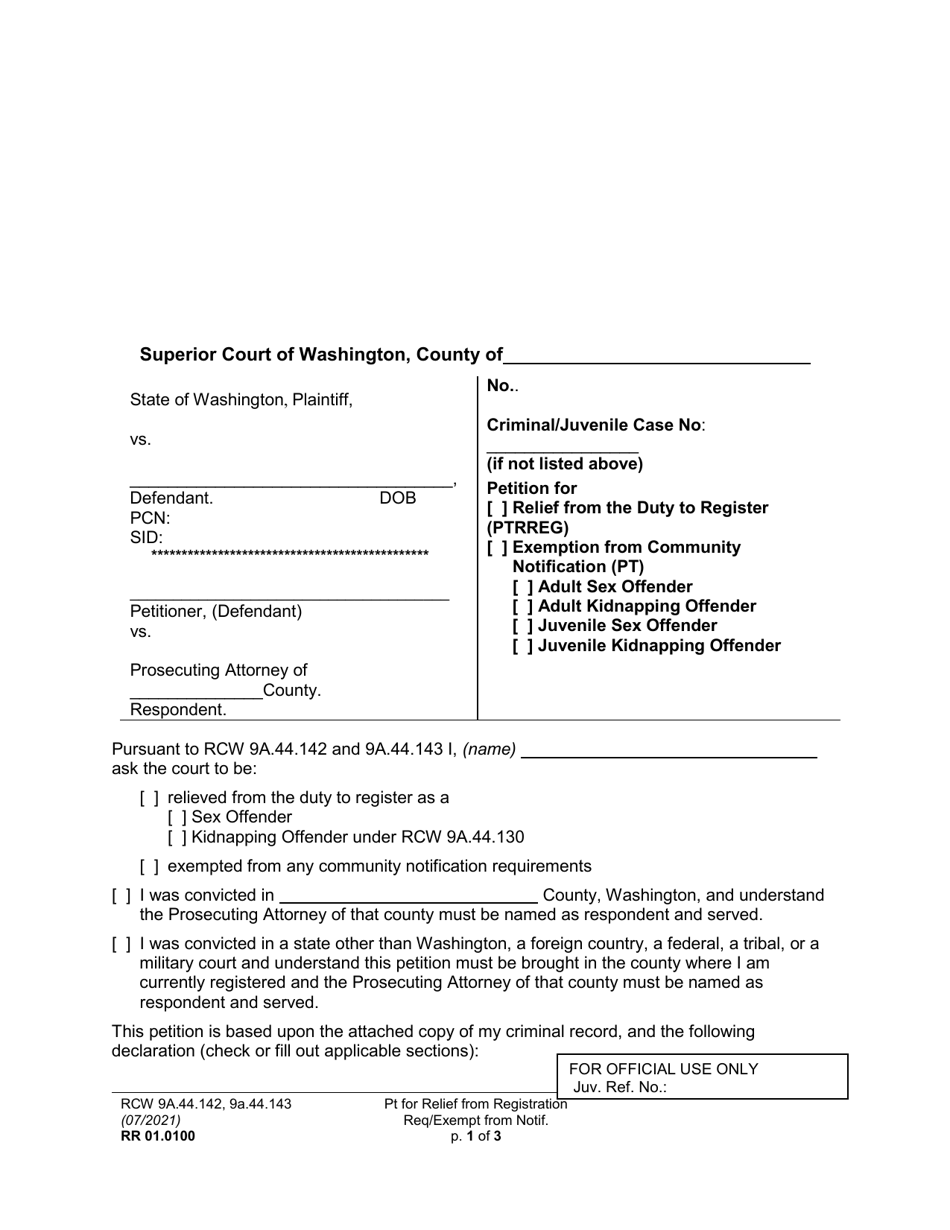 Form RR01.0100 Petition for Relief From the Duty to Register / Exemption From Community Notification (Pt) - Washington, Page 1