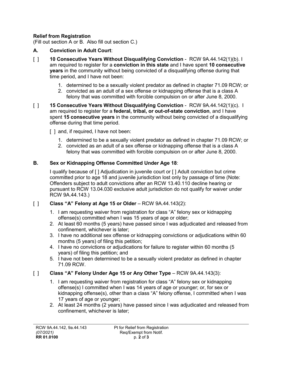 Form RR01.0100 Petition for Relief From the Duty to Register / Exemption From Community Notification (Pt) - Washington, Page 2