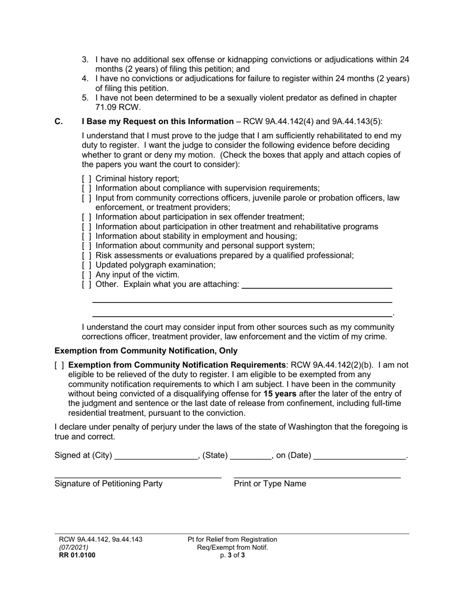 Form RR01.0100 Petition for Relief From the Duty to Register / Exemption From Community Notification (Pt) - Washington, Page 3