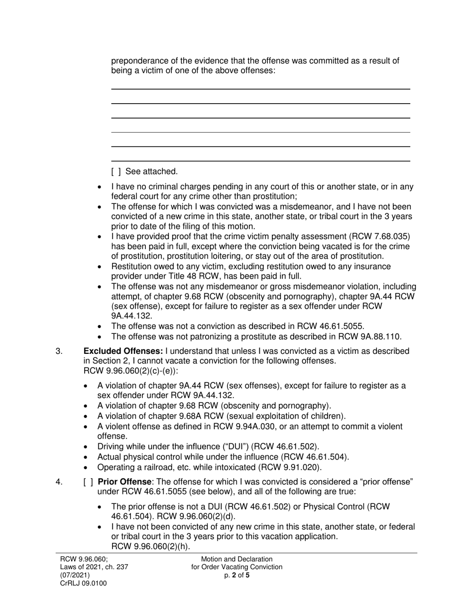 Form CrRLJ09.0100 Motion and Declaration for Order Vacating Conviction (Mtaf) - Washington, Page 2