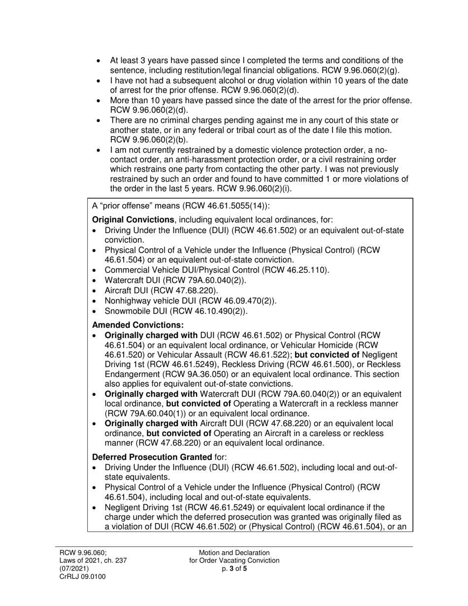 Form CrRLJ09.0100 Motion and Declaration for Order Vacating Conviction (Mtaf) - Washington, Page 3