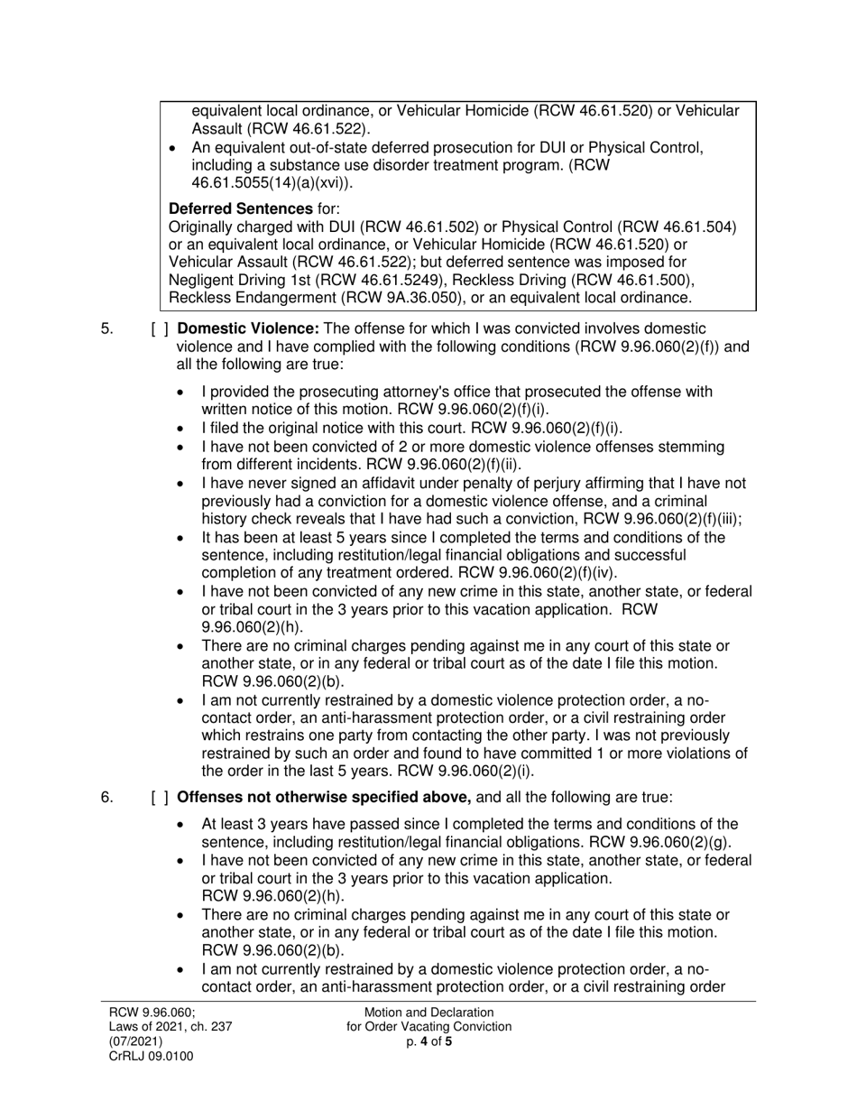 Form CrRLJ09.0100 Motion and Declaration for Order Vacating Conviction (Mtaf) - Washington, Page 4