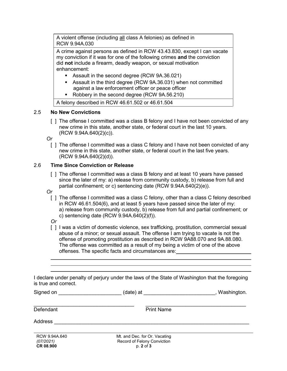 Form CR08.900 Motion and Declaration for Order Vacating Record of Felony Conviction (Mtaf) - Washington, Page 2
