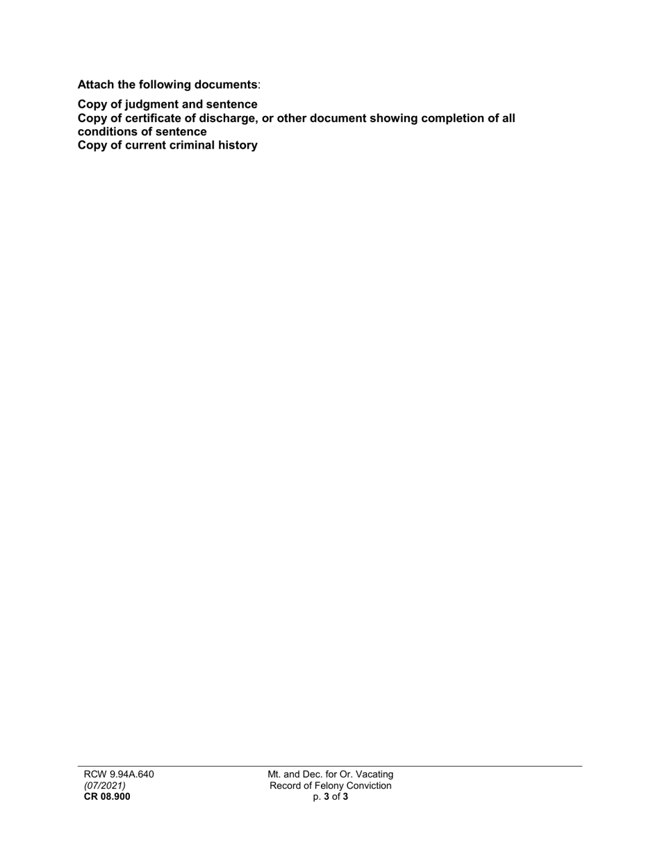 Form CR08.900 Motion and Declaration for Order Vacating Record of Felony Conviction (Mtaf) - Washington, Page 3