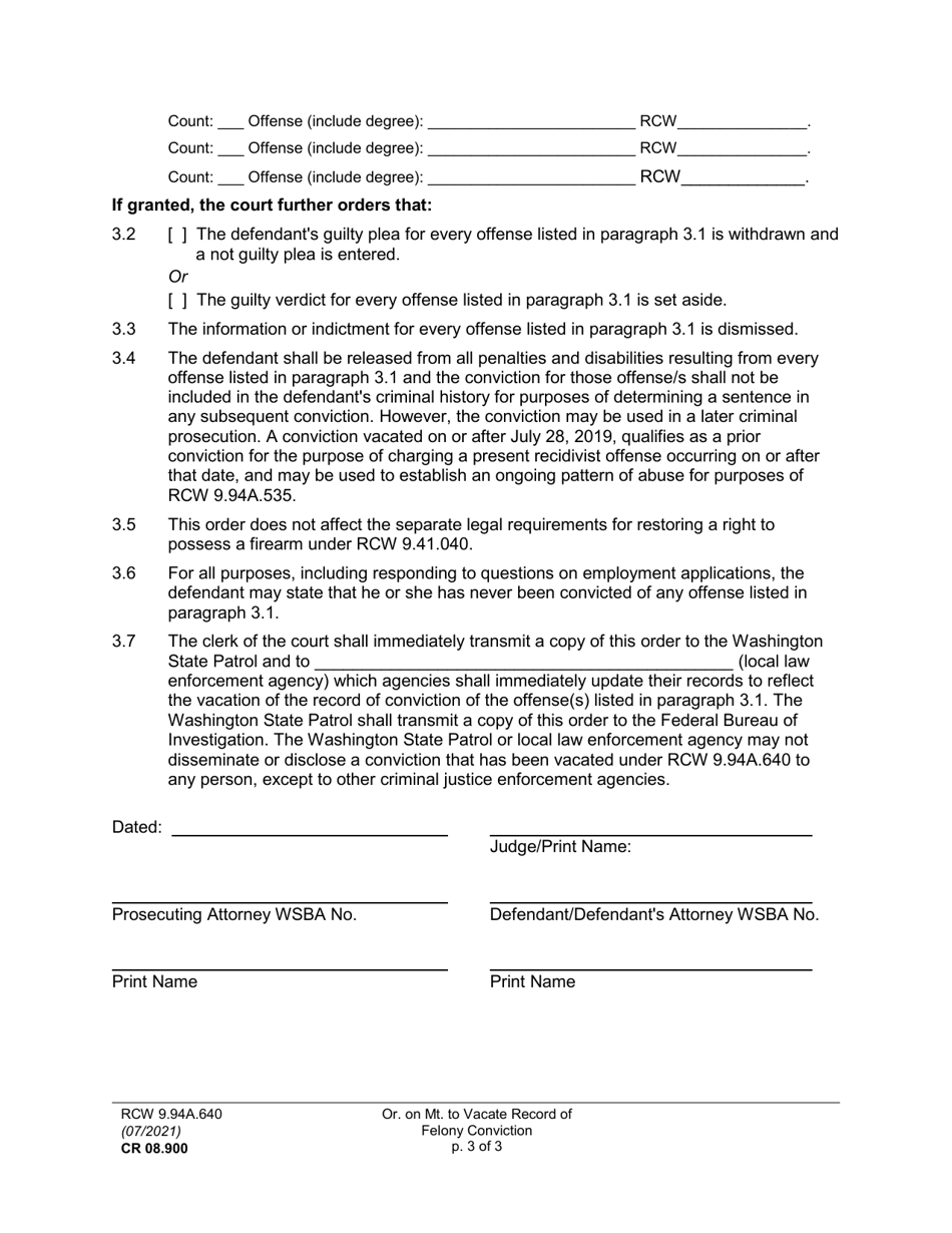 Form CR08.0920 Order on Motion to Vacate Record of Felony Conviction - Washington, Page 3