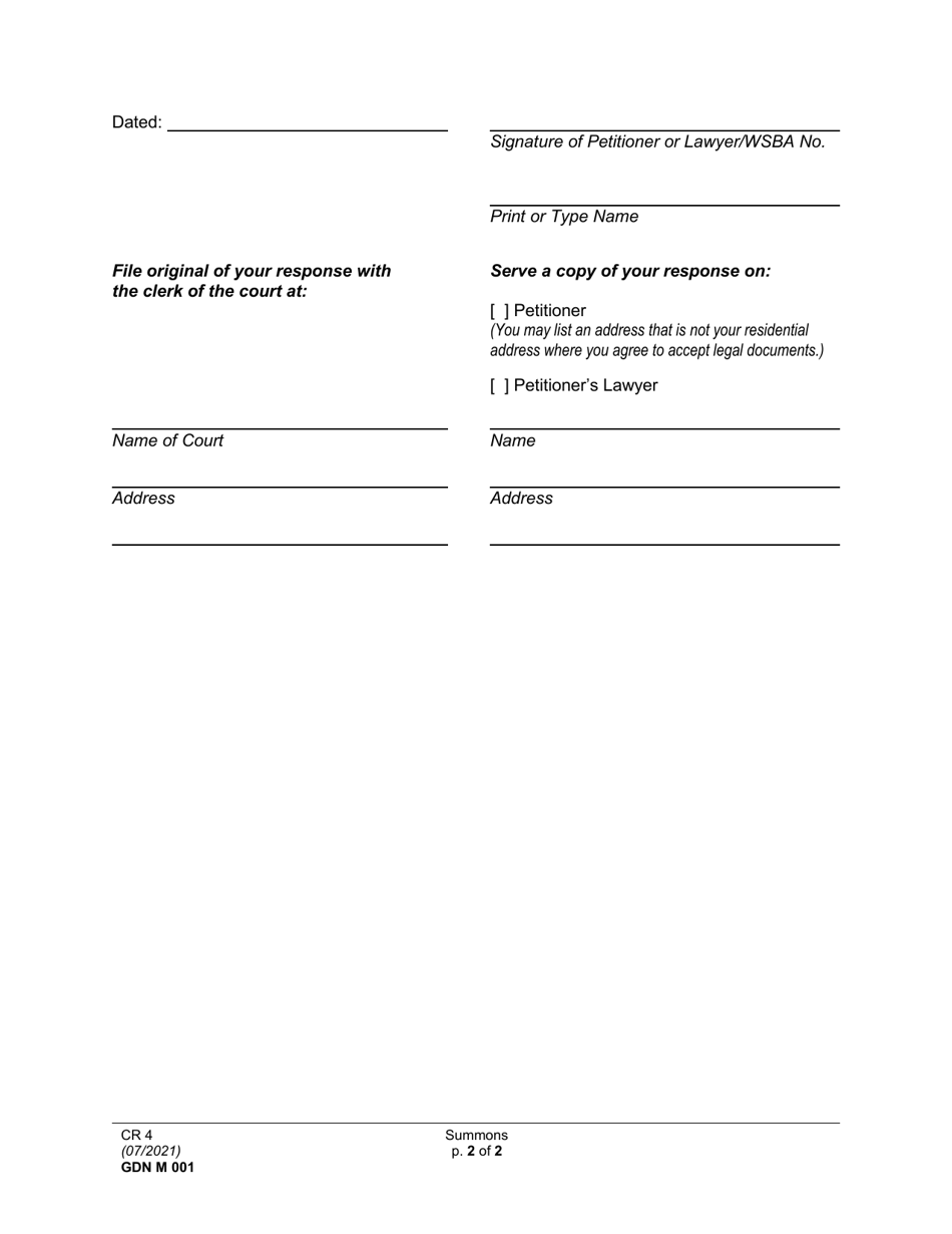 Form GDN M001 Summons - Washington, Page 2