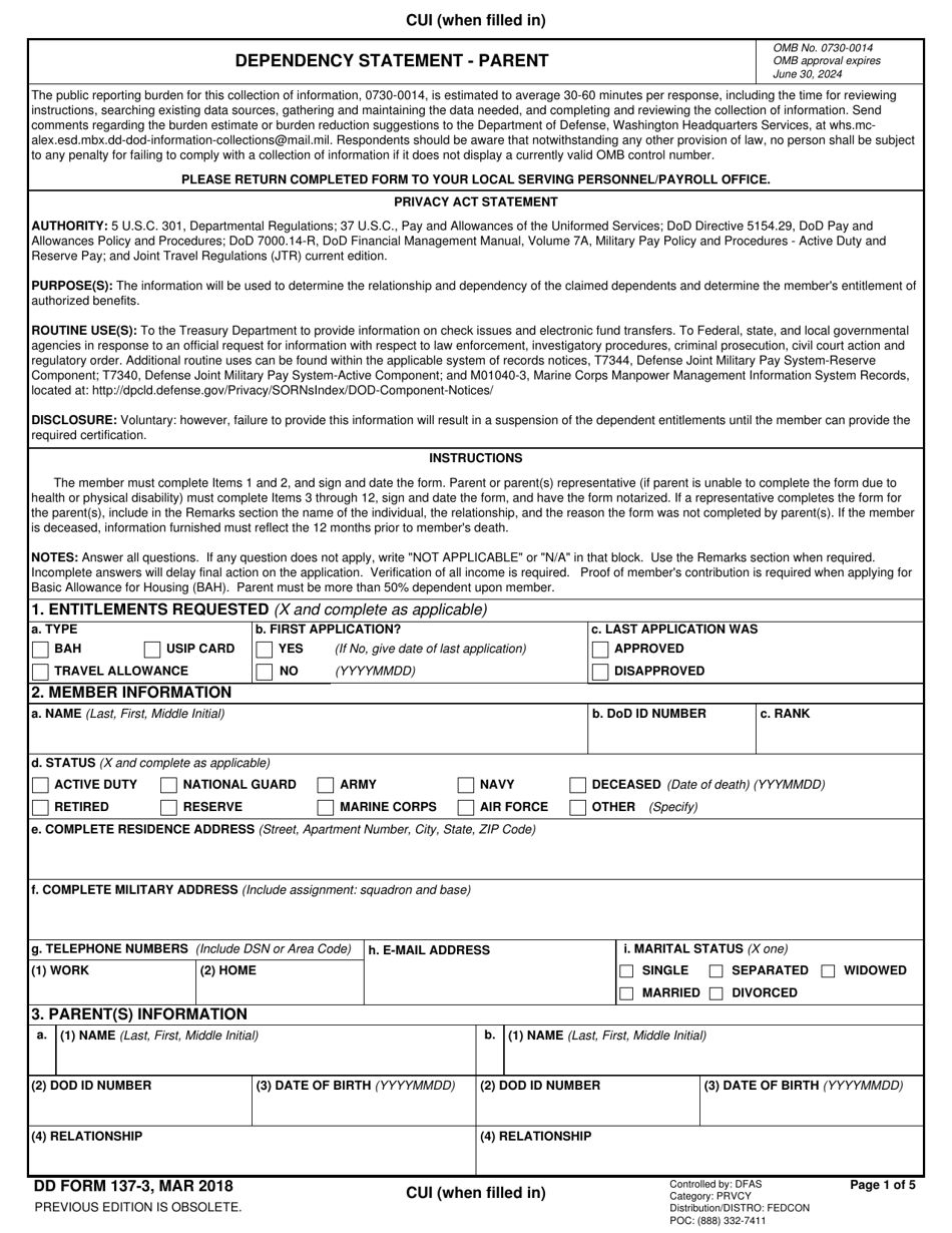 DD Form 137-3 Dependency Statement - Parent, Page 1