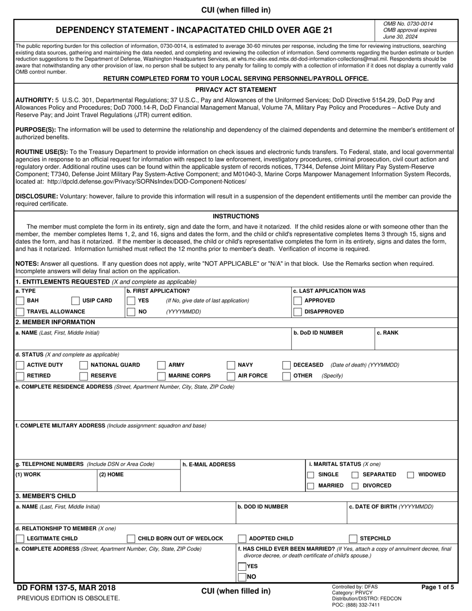 DD Form 137-5 Dependency Statement - Incapacitated Child Over Age 21, Page 1