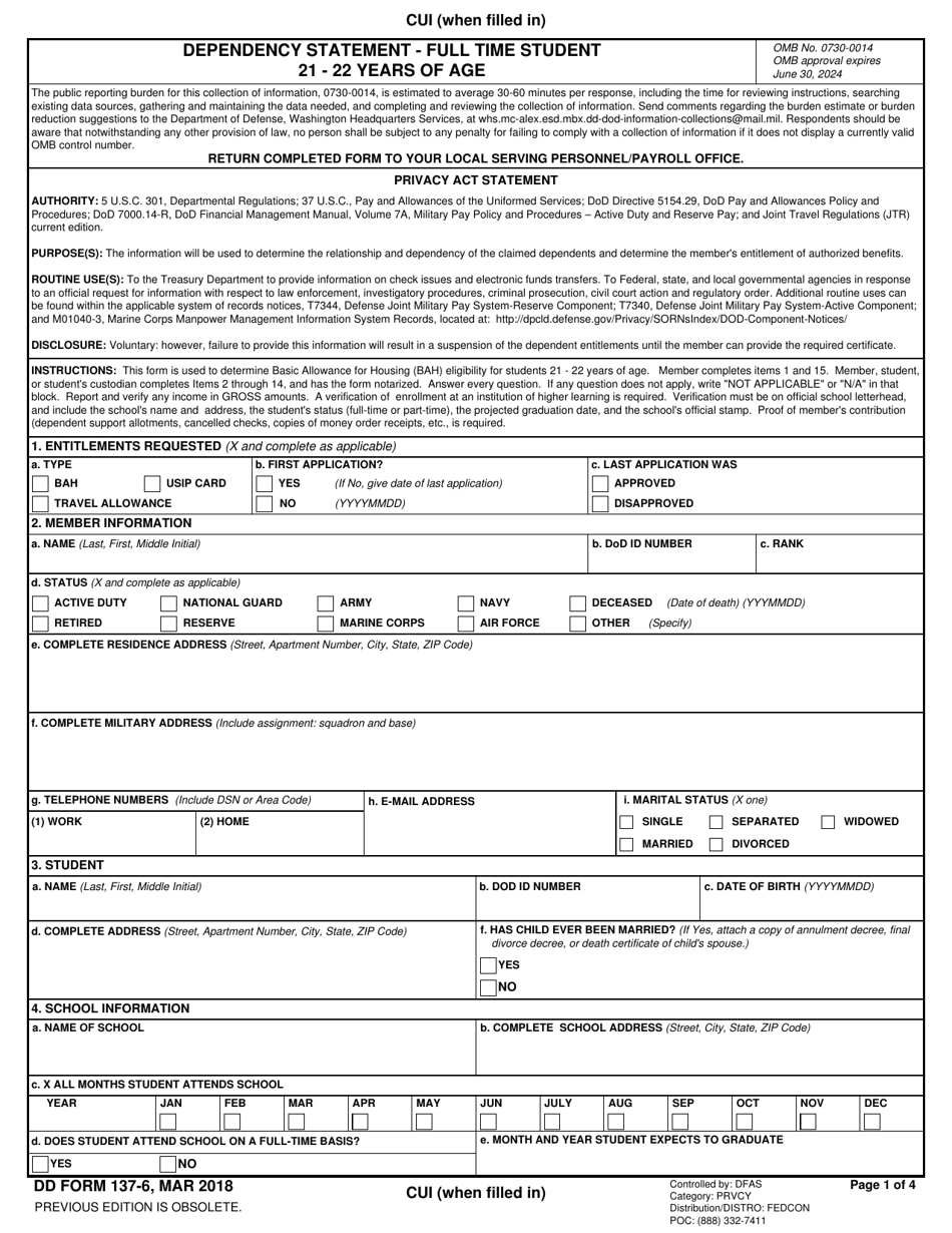 DD Form 137-6 Dependency Statement - Full Time Student 21 - 22 Years of Age, Page 1