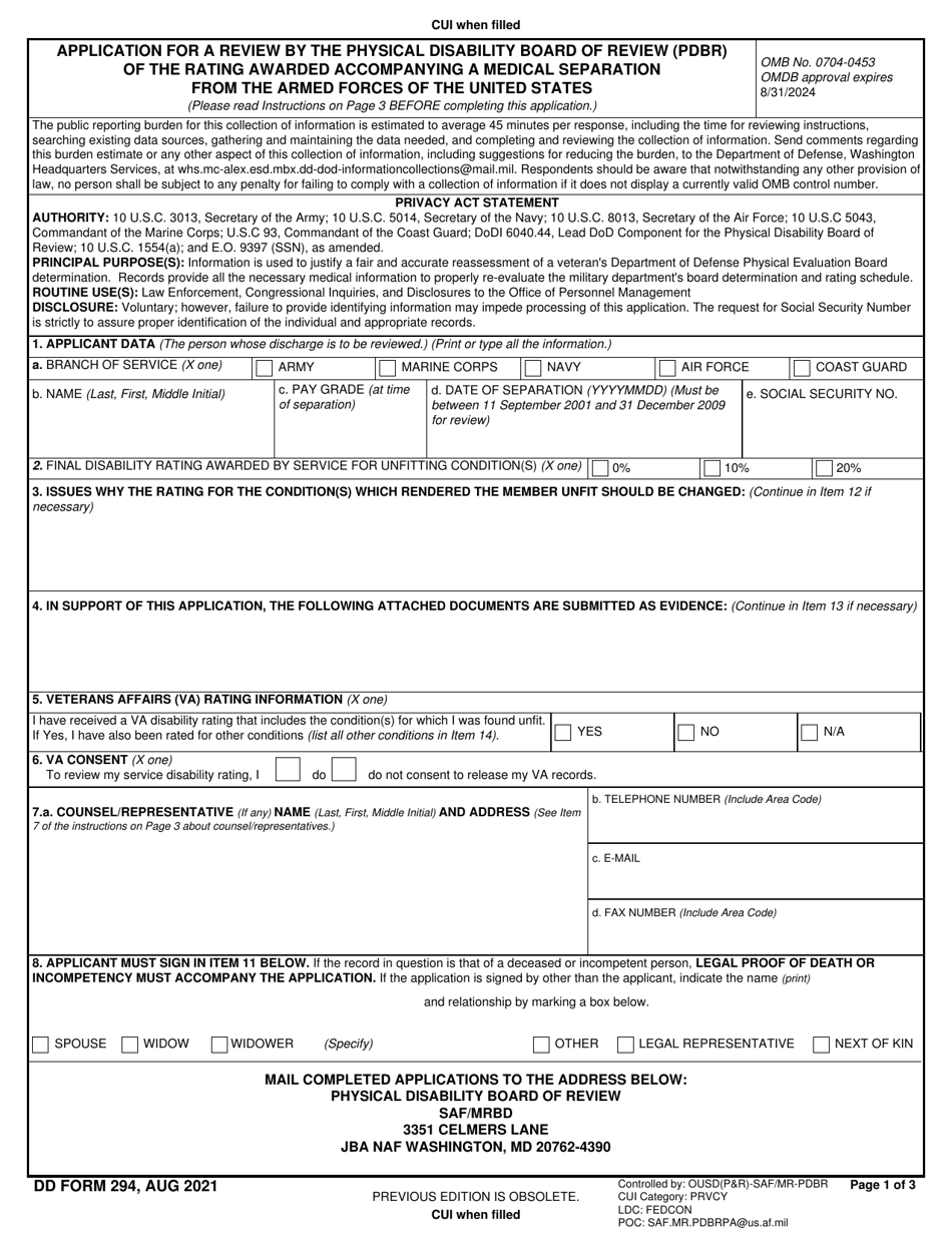 DD Form 294 Application for a Review by the Physical Disability Board of Review (Pdbr) of the Rating Awarded Accompanying a Medical Separation From the Armed Forces of the United States, Page 1