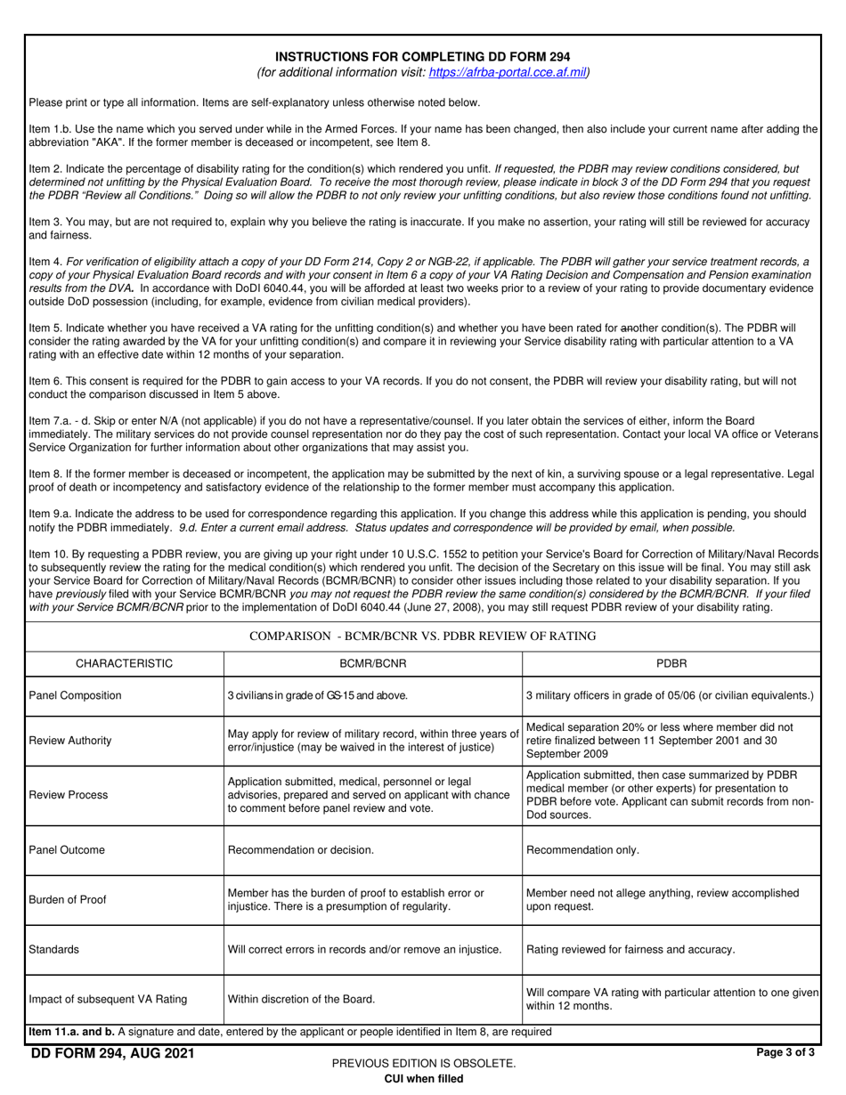 DD Form 294 Application for a Review by the Physical Disability Board of Review (Pdbr) of the Rating Awarded Accompanying a Medical Separation From the Armed Forces of the United States, Page 3