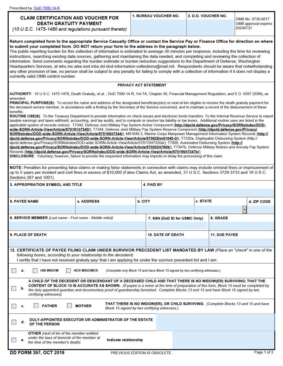 DD Form 397 Download Fillable PDF Or Fill Online Claim Certification DD Form 397 Download Fillable PDF Or Fill Online Claim Certification