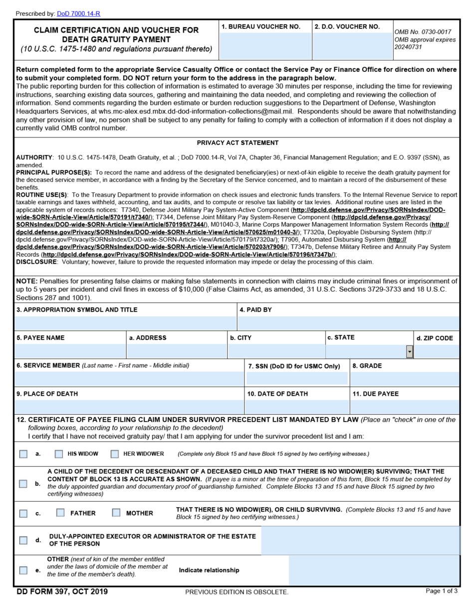 DD Form 397 Claim Certification and Voucher for Death Gratuity Payment, Page 1