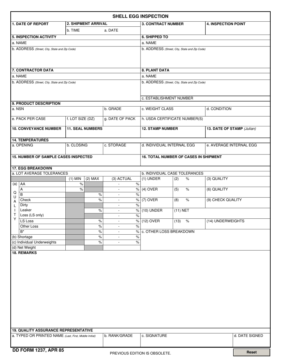 DD Form 1237 Shell Egg Inspection, Page 1